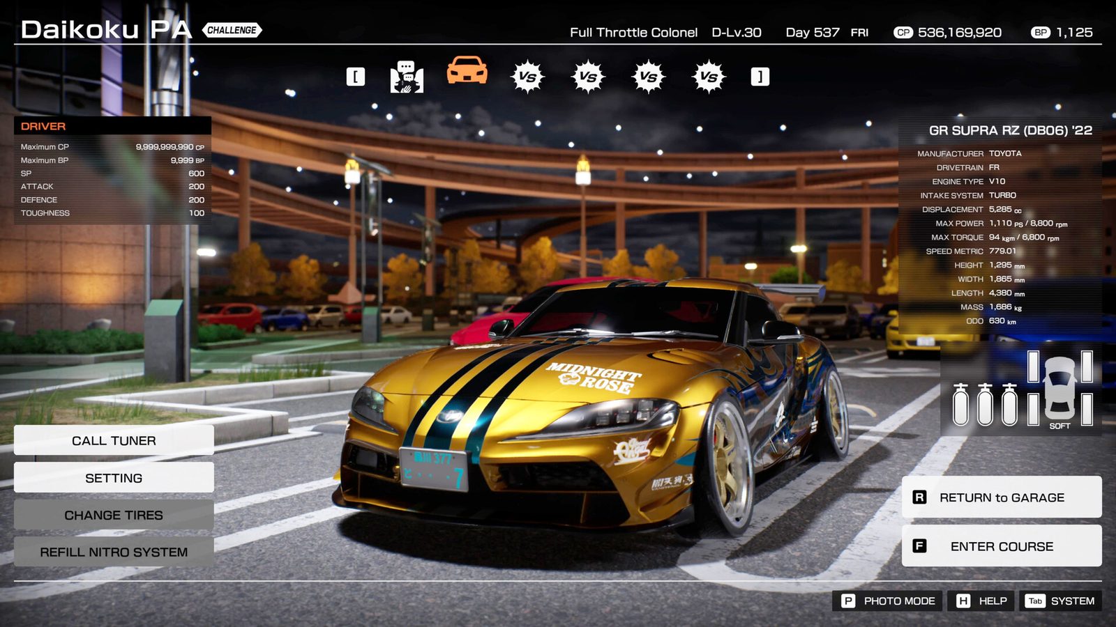 The Daikoku PA hub screen in Tokyo Xtreme Racer with a Toyota GR Supra RZ and its specs, driver SP, attack, defence and toughness stats