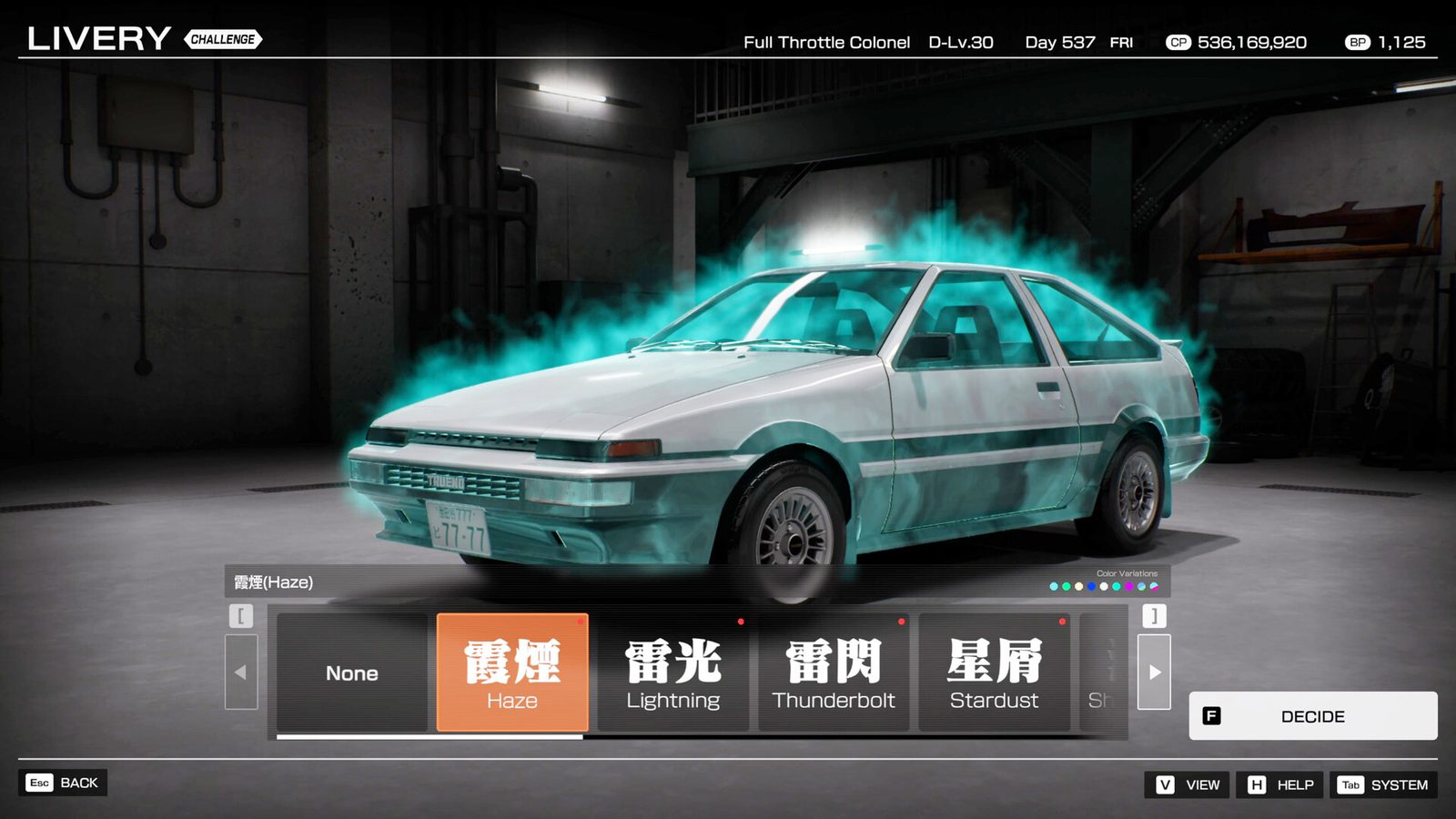 The livery screen in Tokyo Xtreme Racer with a turquoise aura effect on a white Toyota Sprinter Trueno