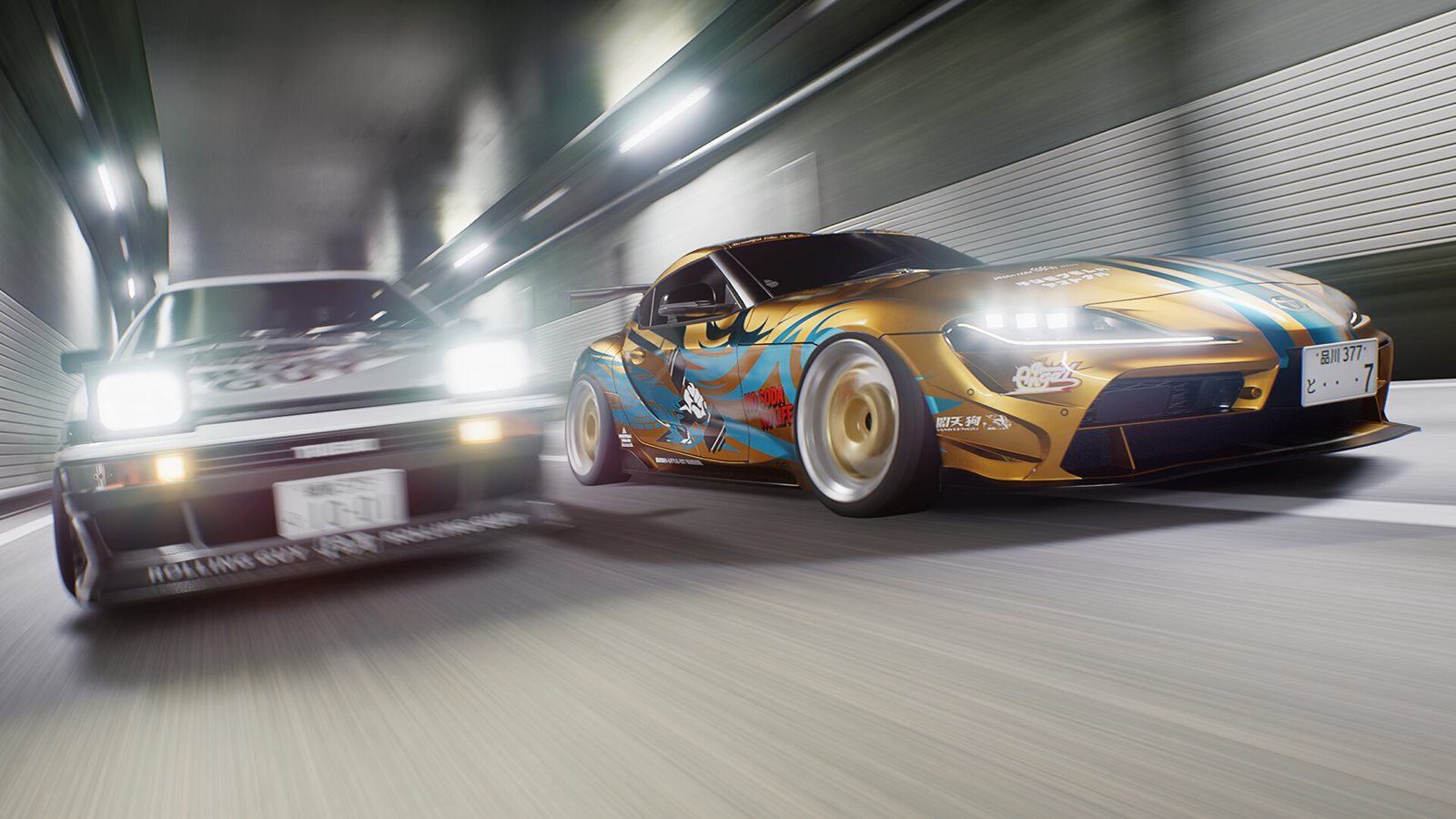 Two tuned cars side by side through a lit tunnel on the Shuto Expressway in Tokyo Xtreme Racer