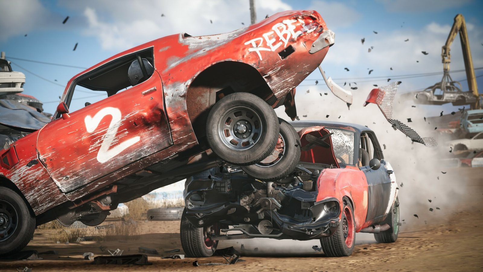A Wreckfest 2 car in the air after a crash
