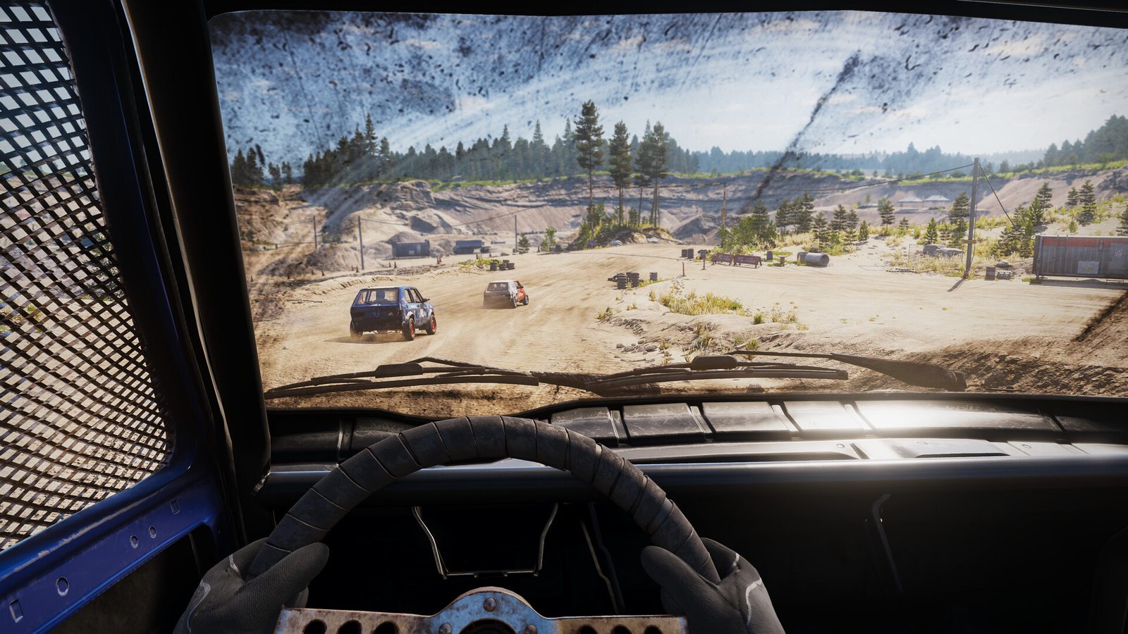 The cockpit view in Wreckfest 2, with the steering wheel and dashboard in front of the driver