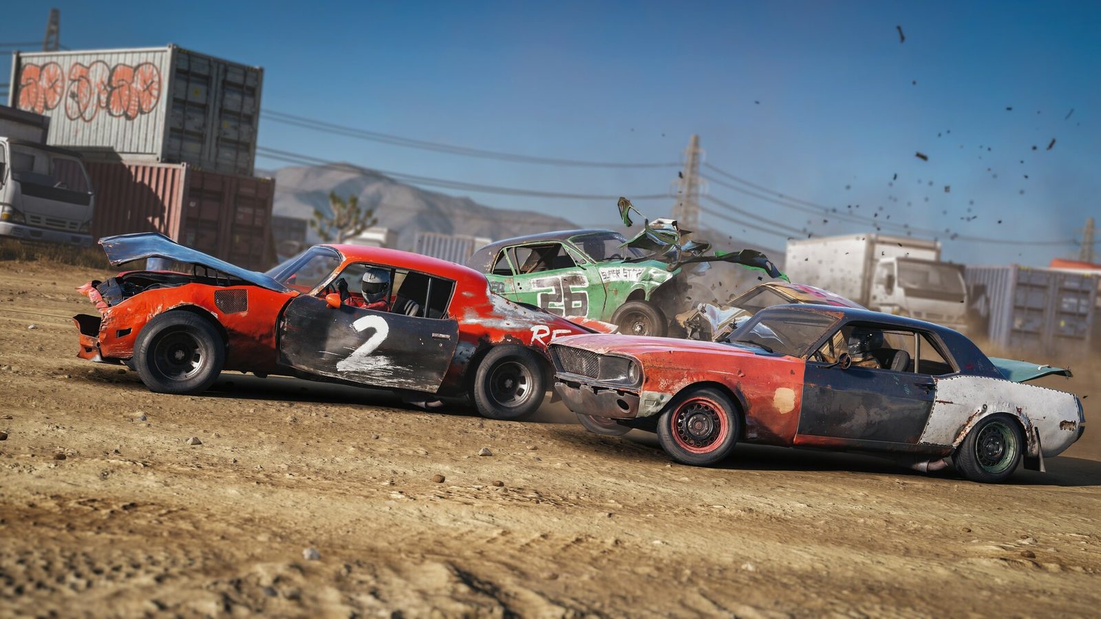 A pack of battered cars colliding in a Wreckfest 2 demolition derby arena