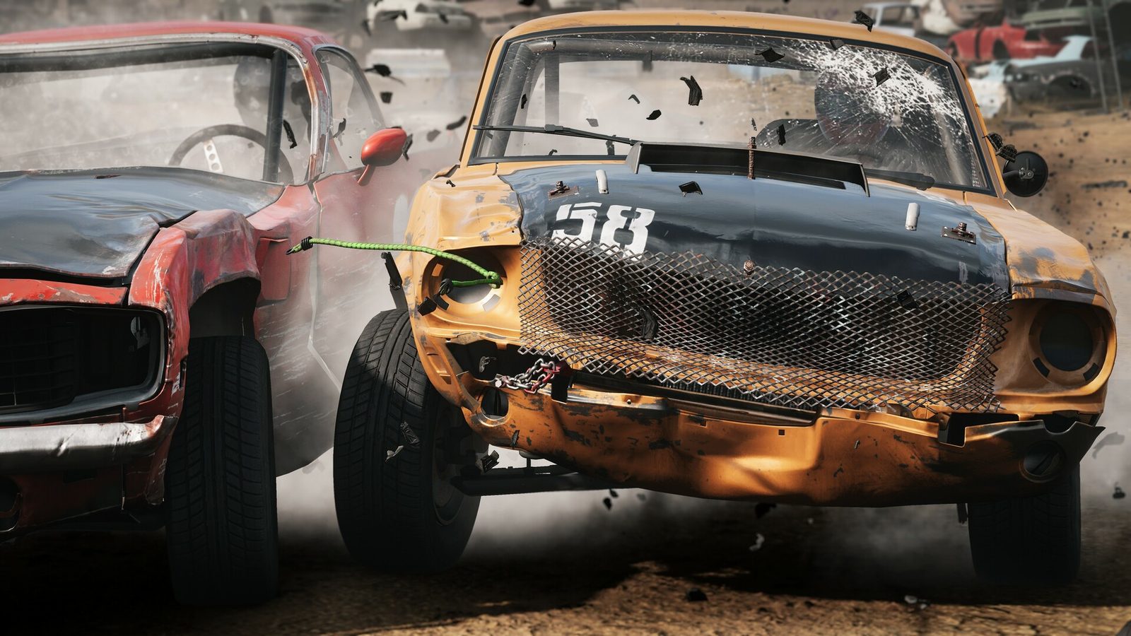 Two cars meeting head on in Wreckfest 2, with parts flying off
