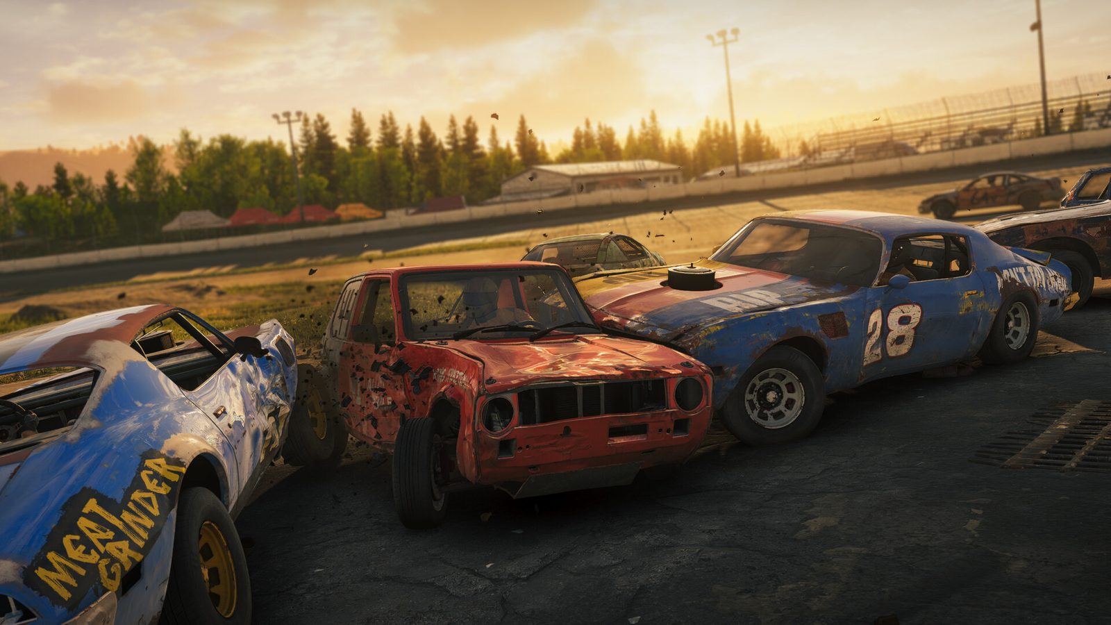 A full grid of cars on the Speedway oval at sunset in Wreckfest 2