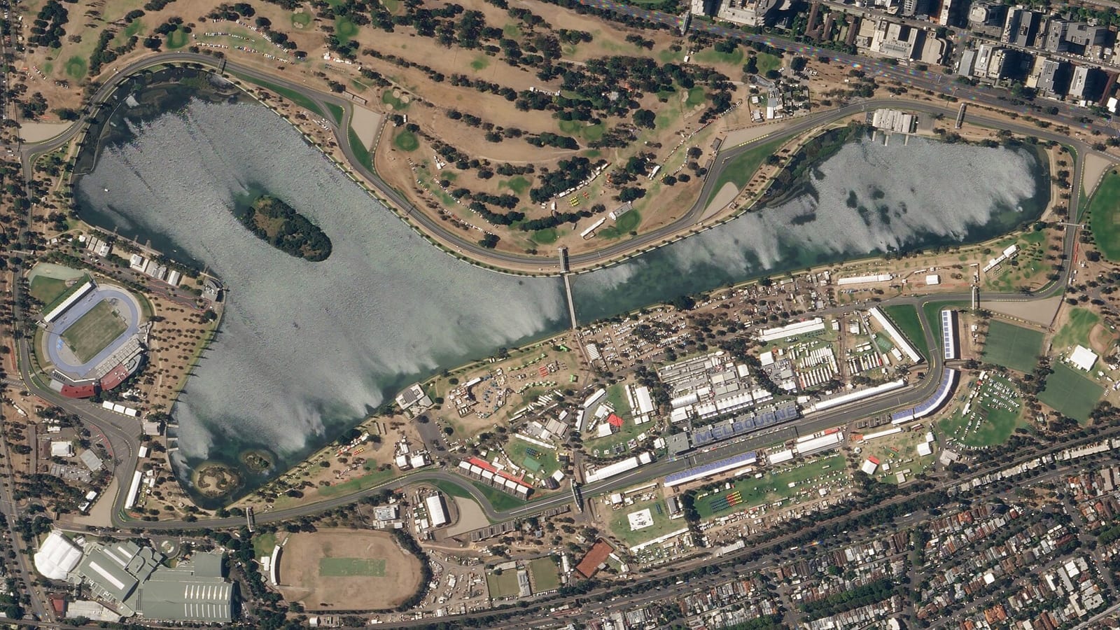Satellite view of the Albert Park Circuit around Albert Park Lake in Melbourne