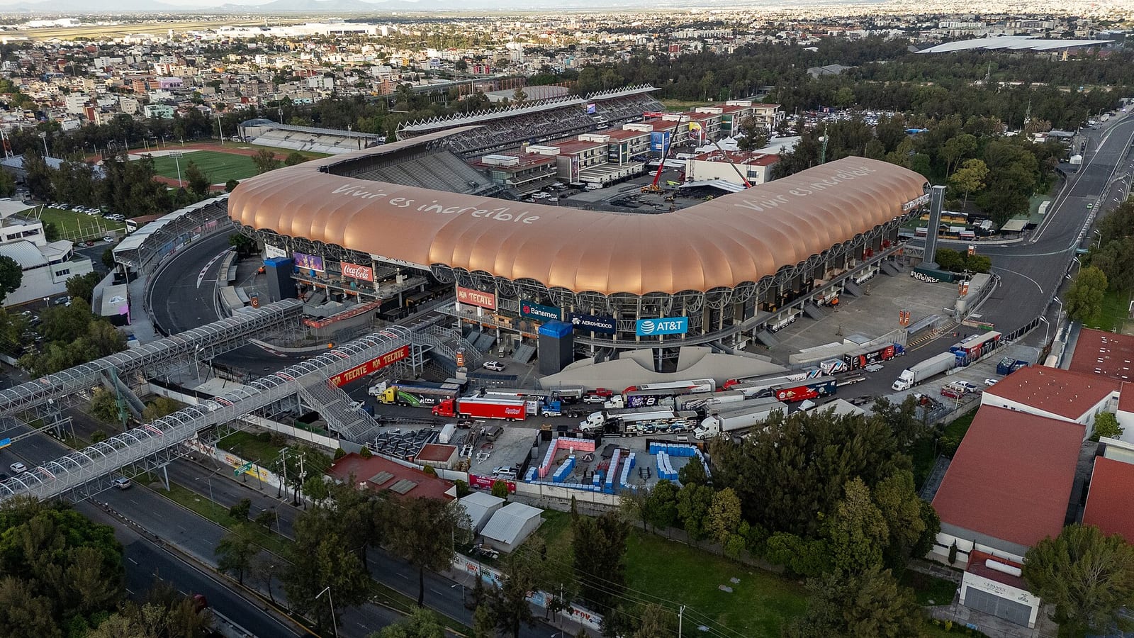 Aerial view of the stadium section of the Autodromo Hermanos Rodriguez, with the track running between the grandstands
