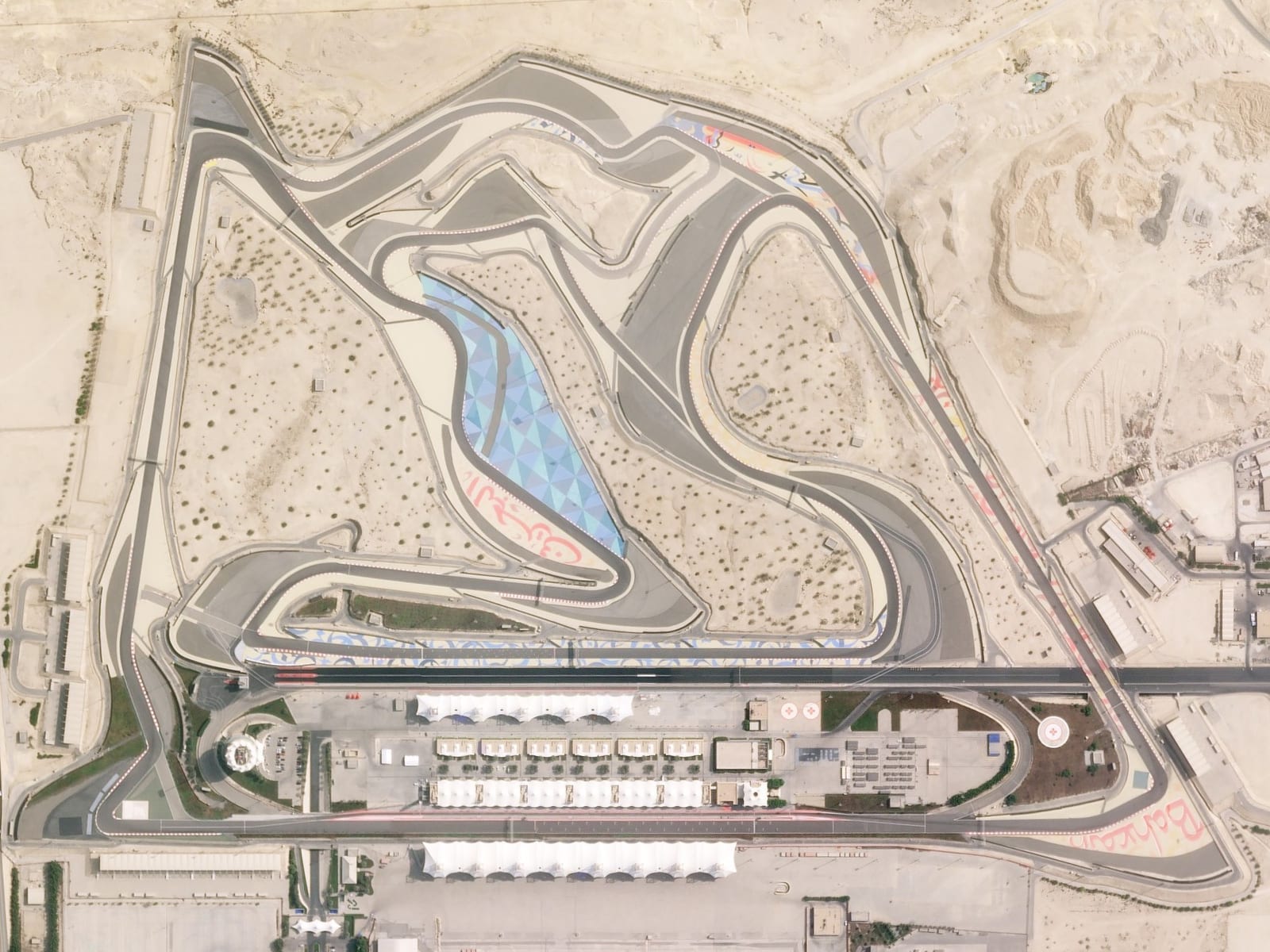 Satellite view of the Bahrain International Circuit in Sakhir showing the full Grand Prix layout
