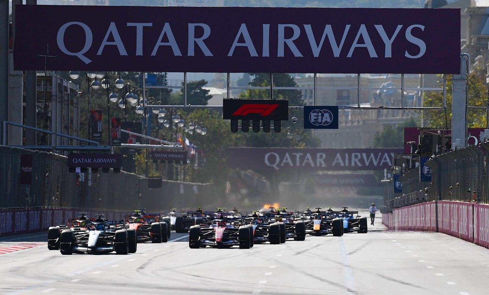 The start of the 2026 Azerbaijan Grand Prix with the field on the main straight in Baku under the start gantry