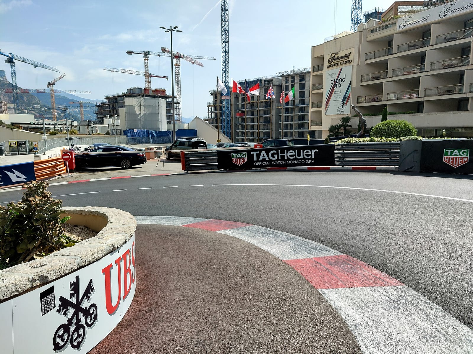 The Fairmont hairpin at the Circuit de Monaco, with its red and white kerb and the hotel behind