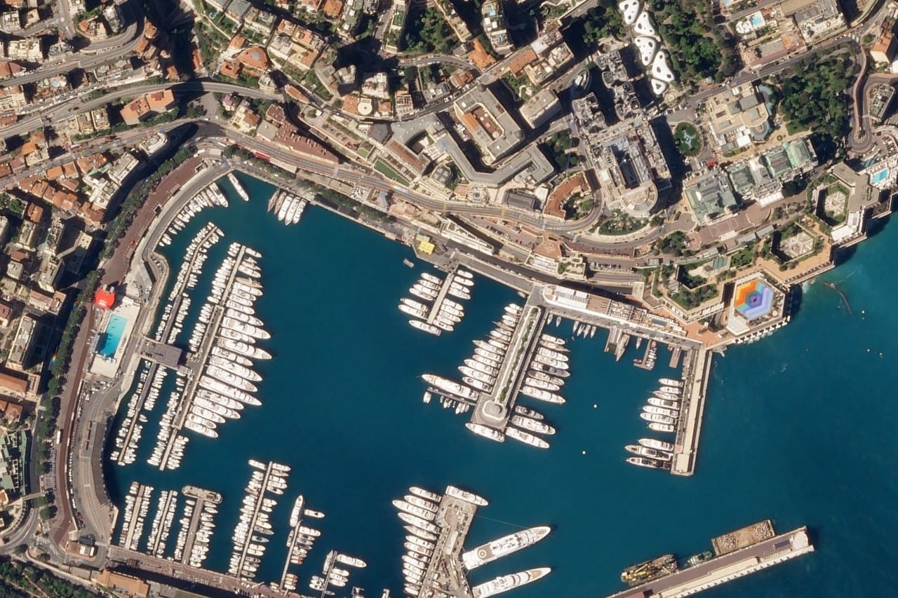 Satellite view of the harbour in Monaco, with the roads of the circuit running along the quay and up towards the casino