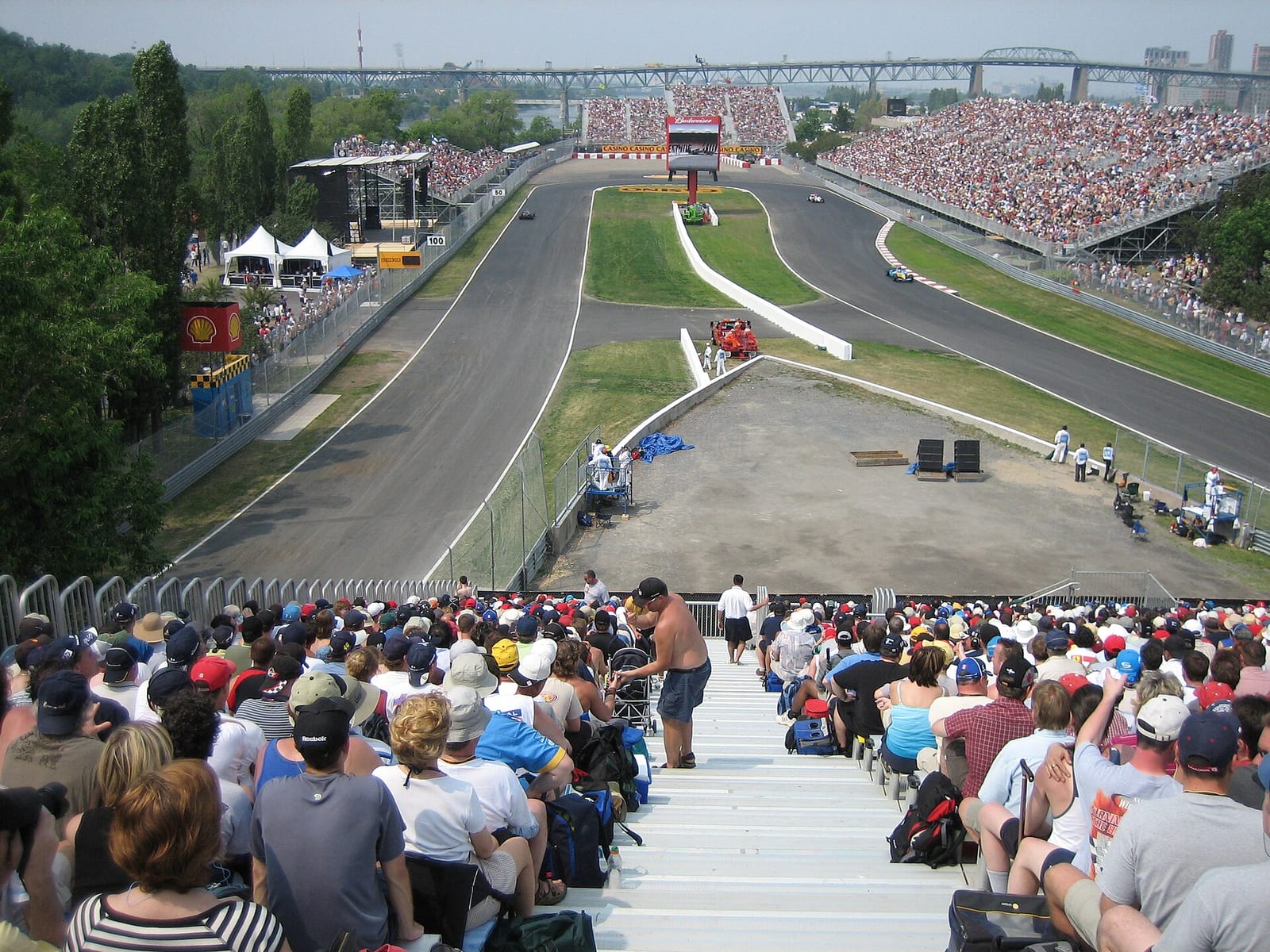 The hairpin at the Circuit Gilles Villeneuve seen from the top of the grandstand during the 2005 Canadian Grand Prix weekend