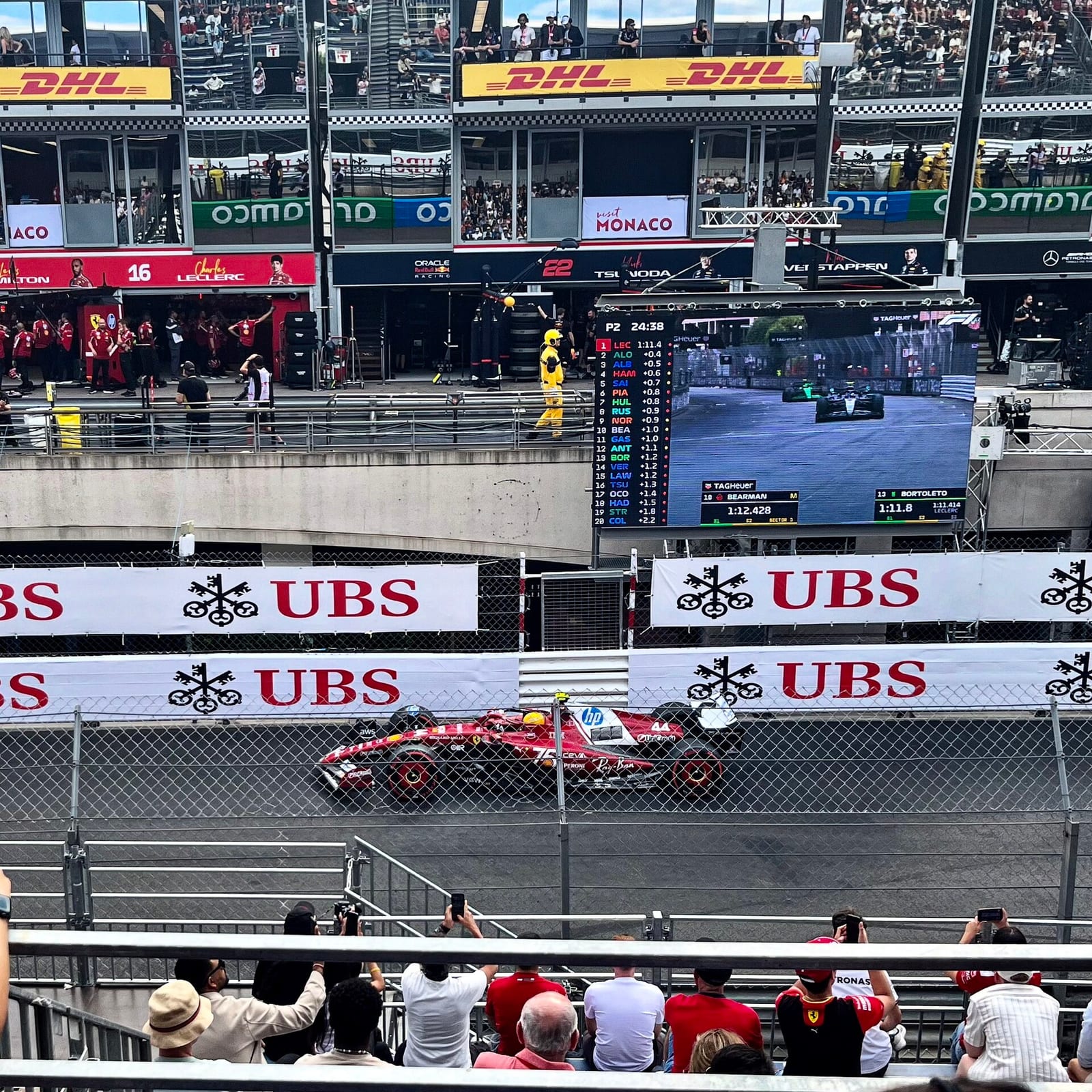 Lewis Hamilton in the Ferrari SF-25 passing the pits during second practice for the 2025 Monaco Grand Prix