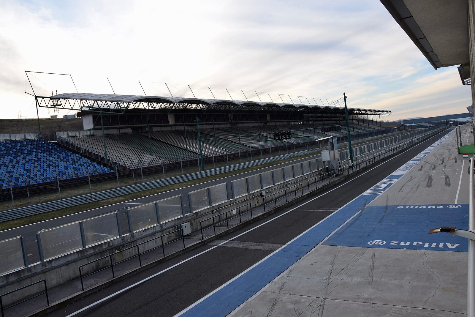 The pit lane and the main grandstand of the Hungaroring