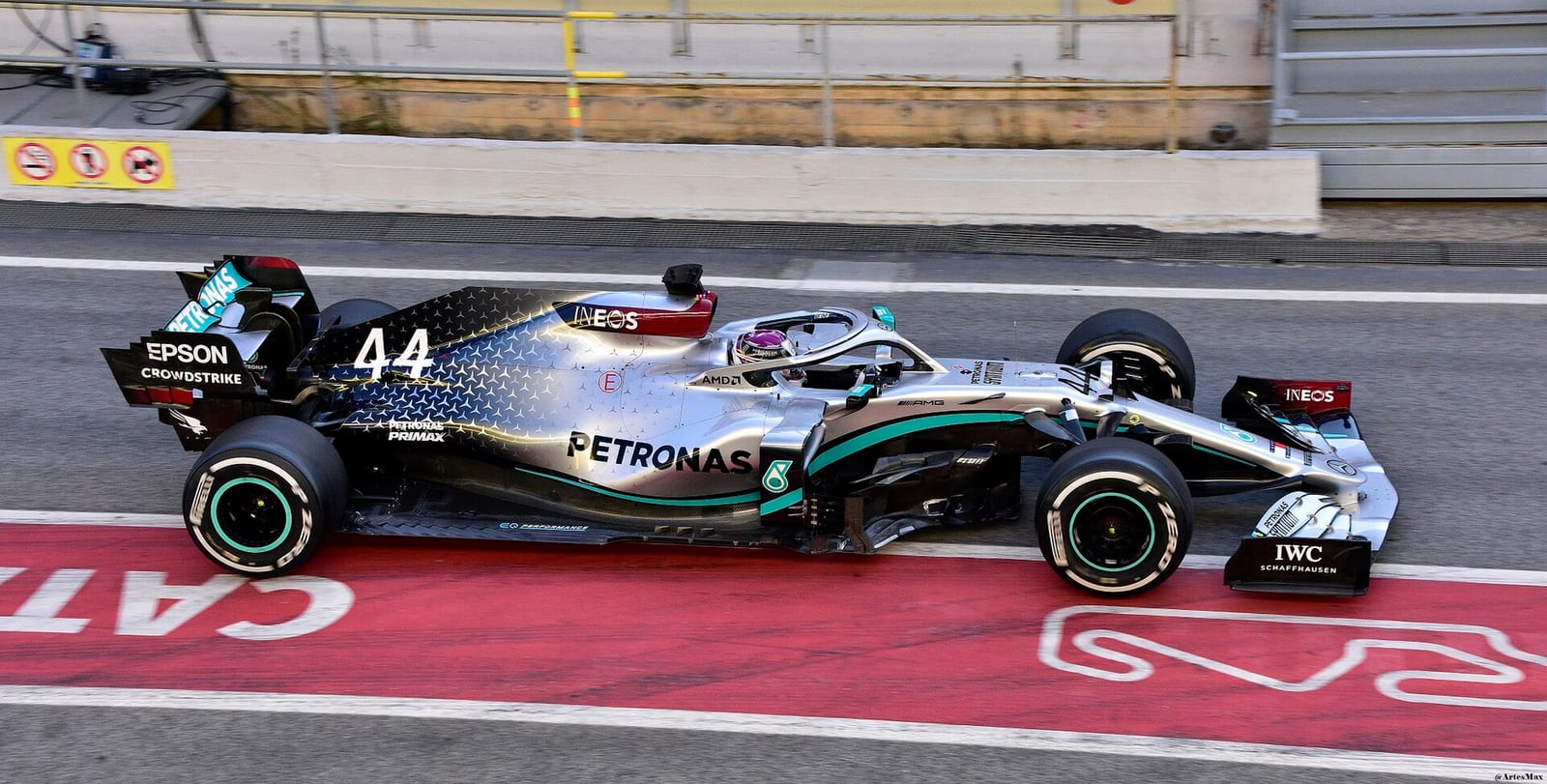 Lewis Hamilton in the Mercedes W11 in the pit lane during 2020 testing in Barcelona