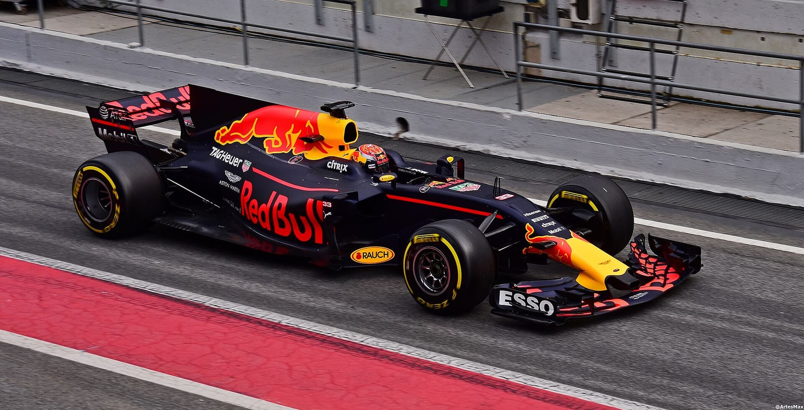 Max Verstappen in the Red Bull RB13 in the pit lane during 2017 pre-season testing in Barcelona