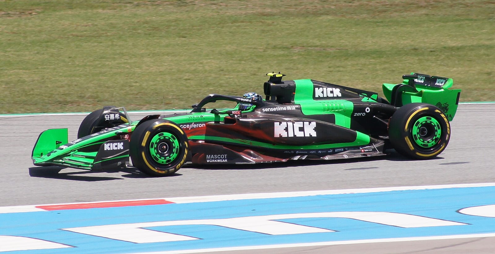A green and black Sauber C44 on medium tyres at the Circuit de Barcelona-Catalunya during the 2024 Spanish Grand Prix weekend