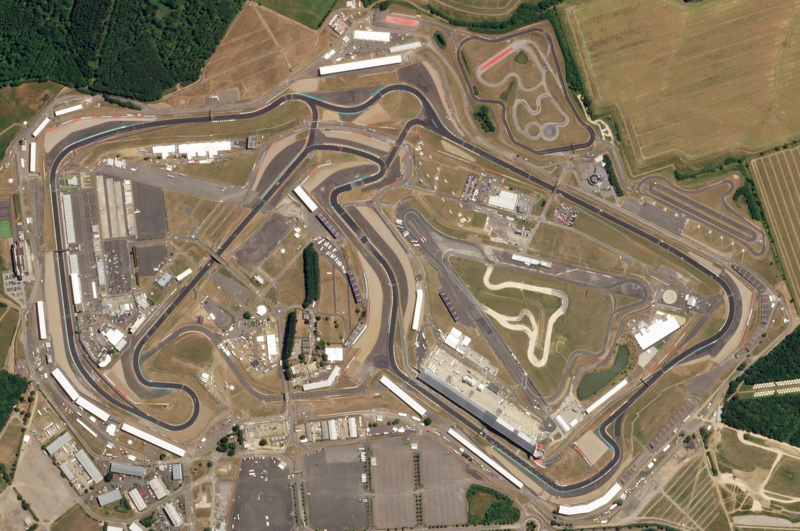 Satellite view of the Silverstone circuit in England, showing the full Grand Prix layout on the old airfield