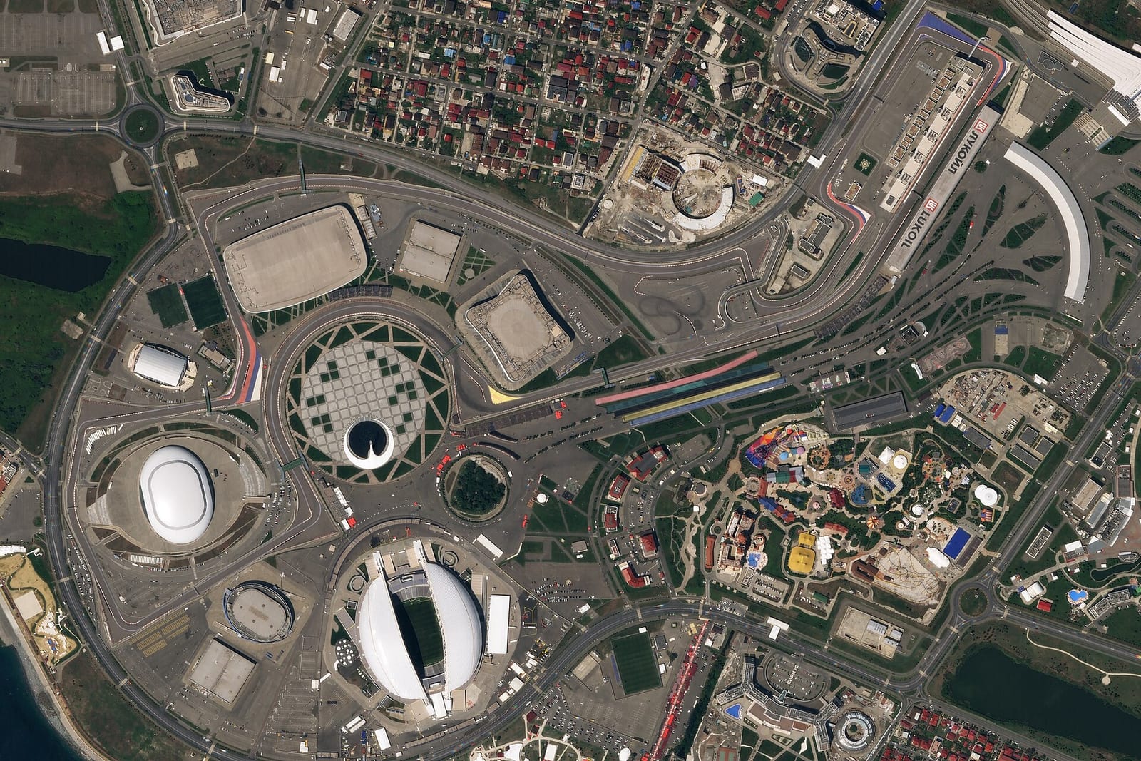 Satellite view of the Sochi Autodrom running around the Olympic Park
