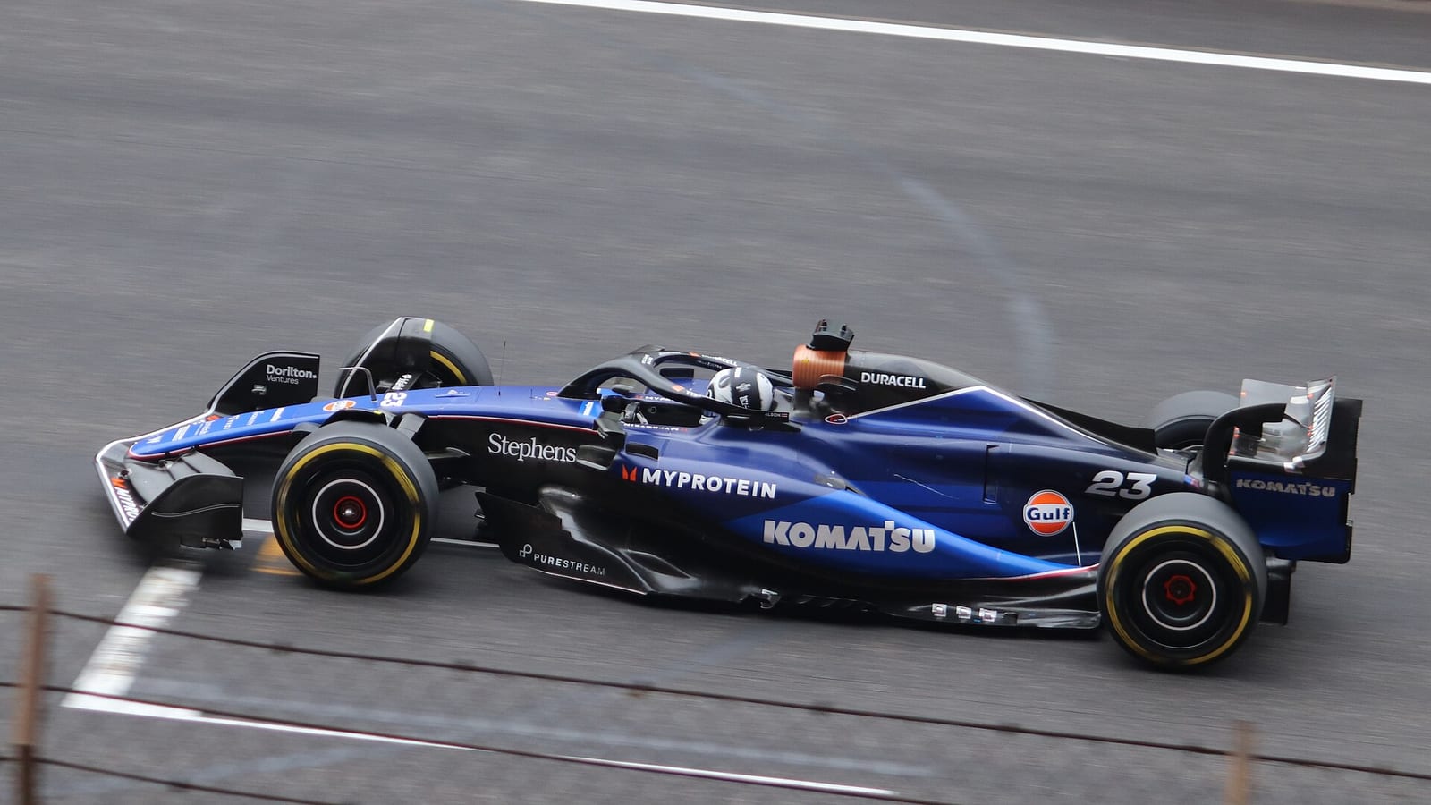A blue Williams FW46 with the number 23 on track at the 2024 Chinese Grand Prix