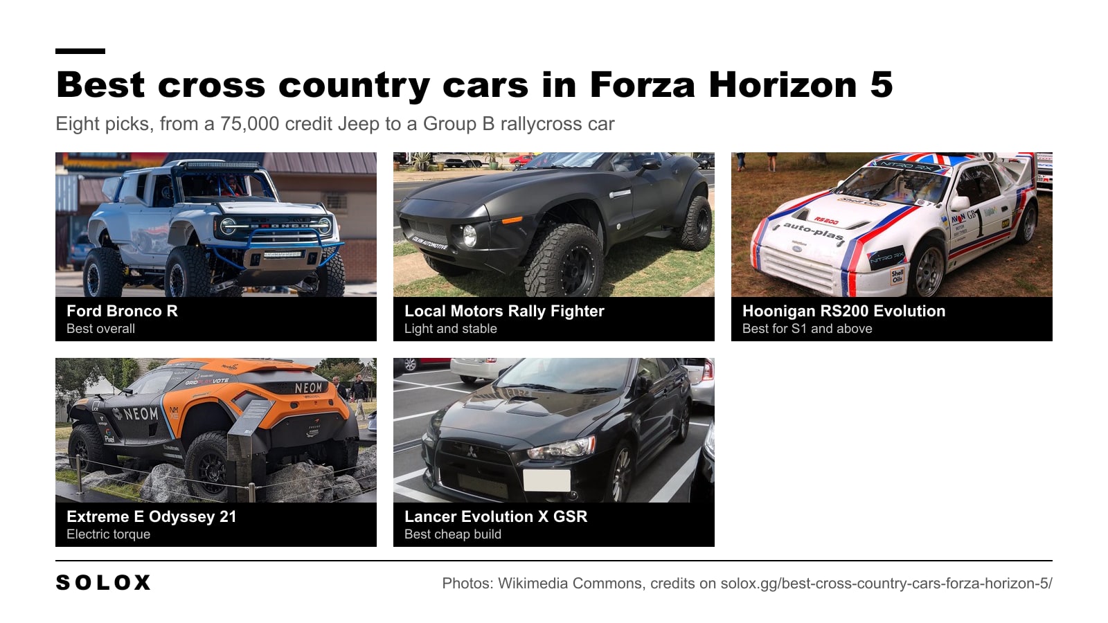 Five of the best cross country cars in Forza Horizon 5: Ford Bronco R, Local Motors Rally Fighter, Ford RS200 Evolution, Extreme E Odyssey 21 and Lancer Evolution X