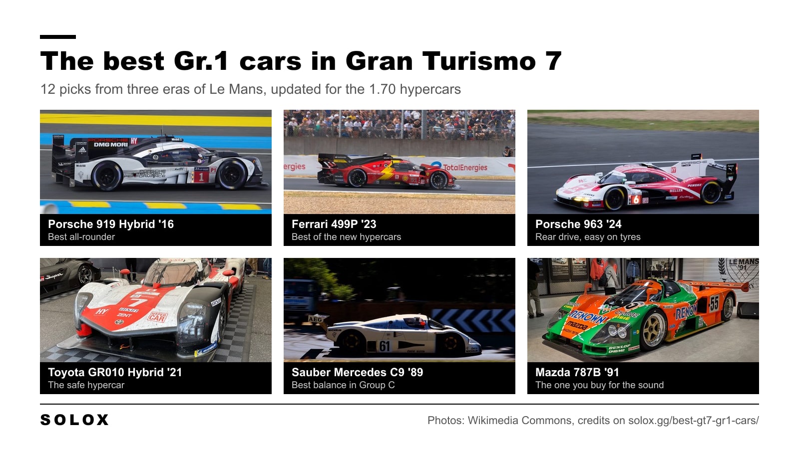 Photos of six Gr.1 cars from Gran Turismo 7: Porsche 919 Hybrid, Ferrari 499P, Porsche 963, Toyota GR010 Hybrid, Sauber Mercedes C9 and Mazda 787B