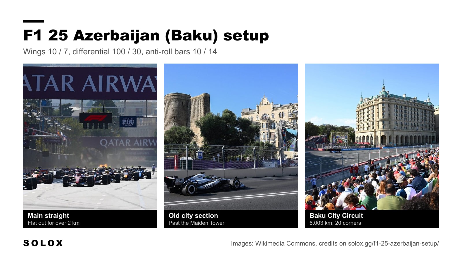 The start of the 2026 Azerbaijan Grand Prix on the main straight in Baku, a car passing the Maiden Tower and a corner in front of a grandstand and a hotel