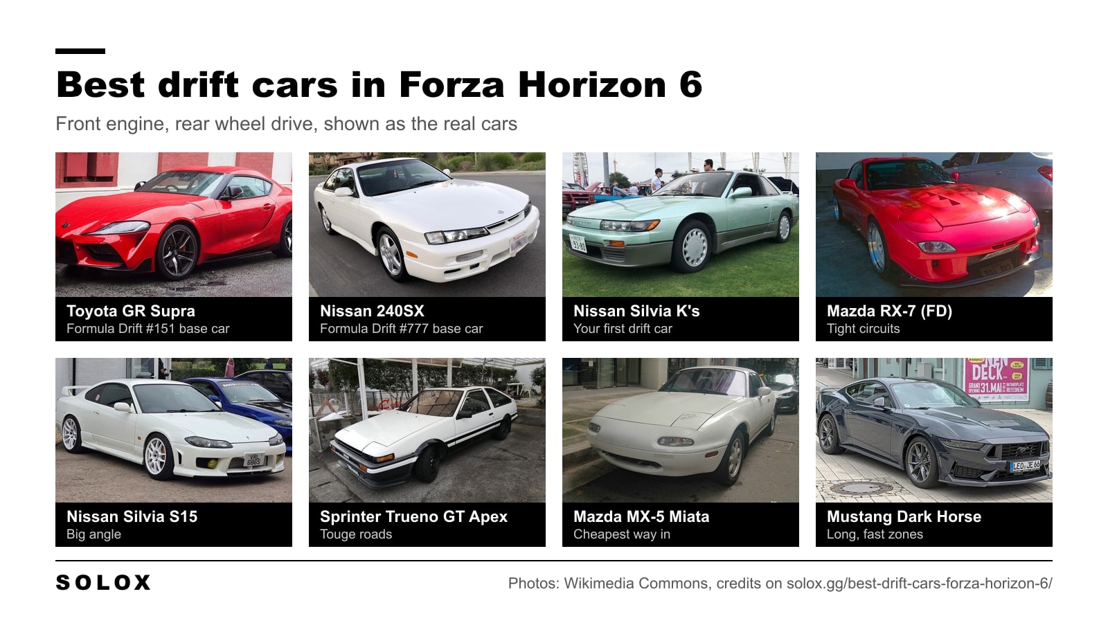Photos of the best drift cars in Forza Horizon 6: GR Supra, 240SX, Silvia K's, RX-7, Silvia S15, Sprinter Trueno, MX-5 Miata and Mustang Dark Horse