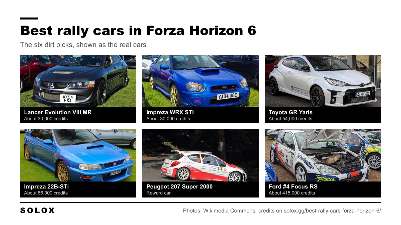Photos of the six best rally cars in Forza Horizon 6: Lancer Evolution VIII MR, Impreza WRX STI, GR Yaris, Impreza 22B-STi, Peugeot 207 Super 2000 and Ford Focus RS