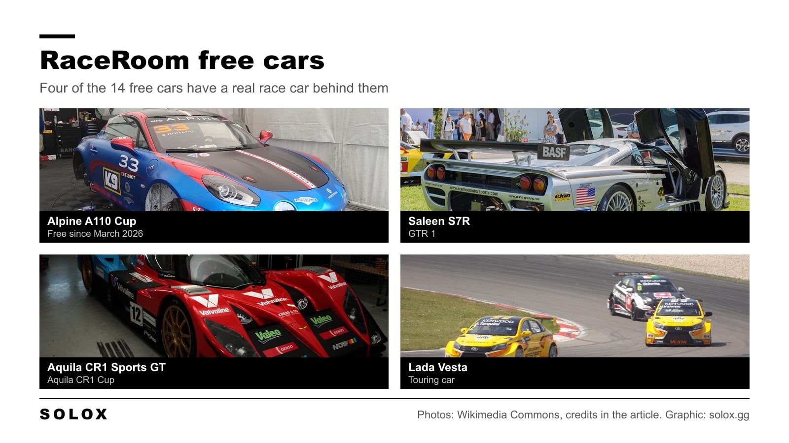 Four free RaceRoom cars as real race cars: the Alpine A110 Cup, the Saleen S7R, the Aquila CR1 Sports GT and the Lada Vesta