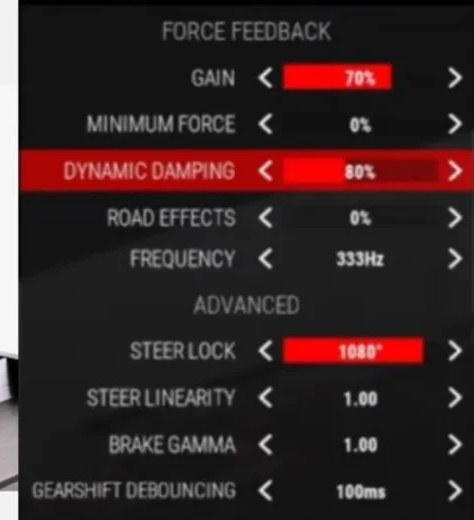 The force feedback block in the ACC control options with gain, minimum force, dynamic damping, road effects, frequency and steer lock