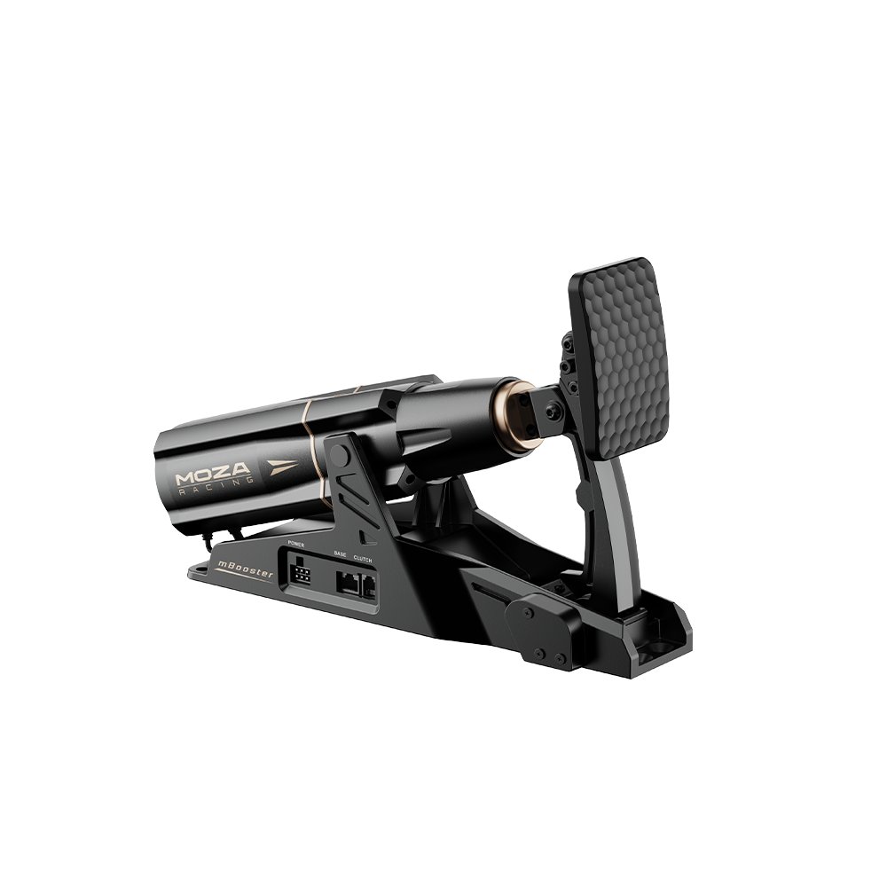 MOZA mBooster Active Pedal, three-quarter view with the motor housing behind the pedal face