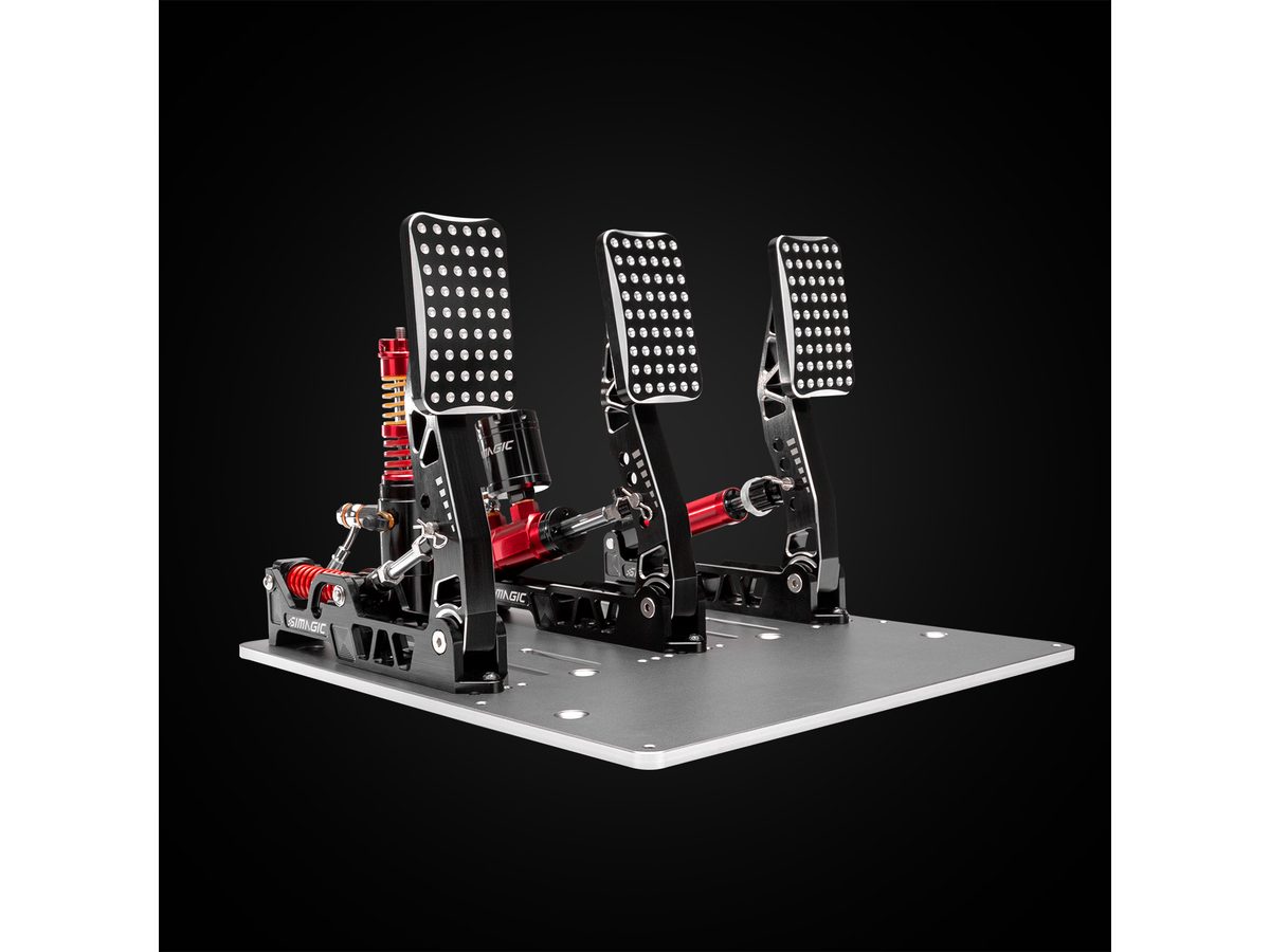 Simagic P2000 hydraulic pedal set with three pedals on a base plate
