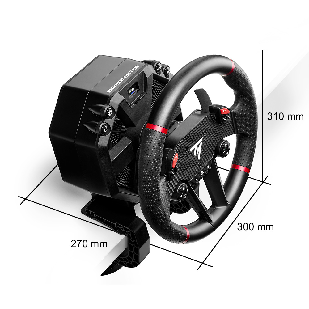 The Thrustmaster T598 direct drive wheel with its pedal set