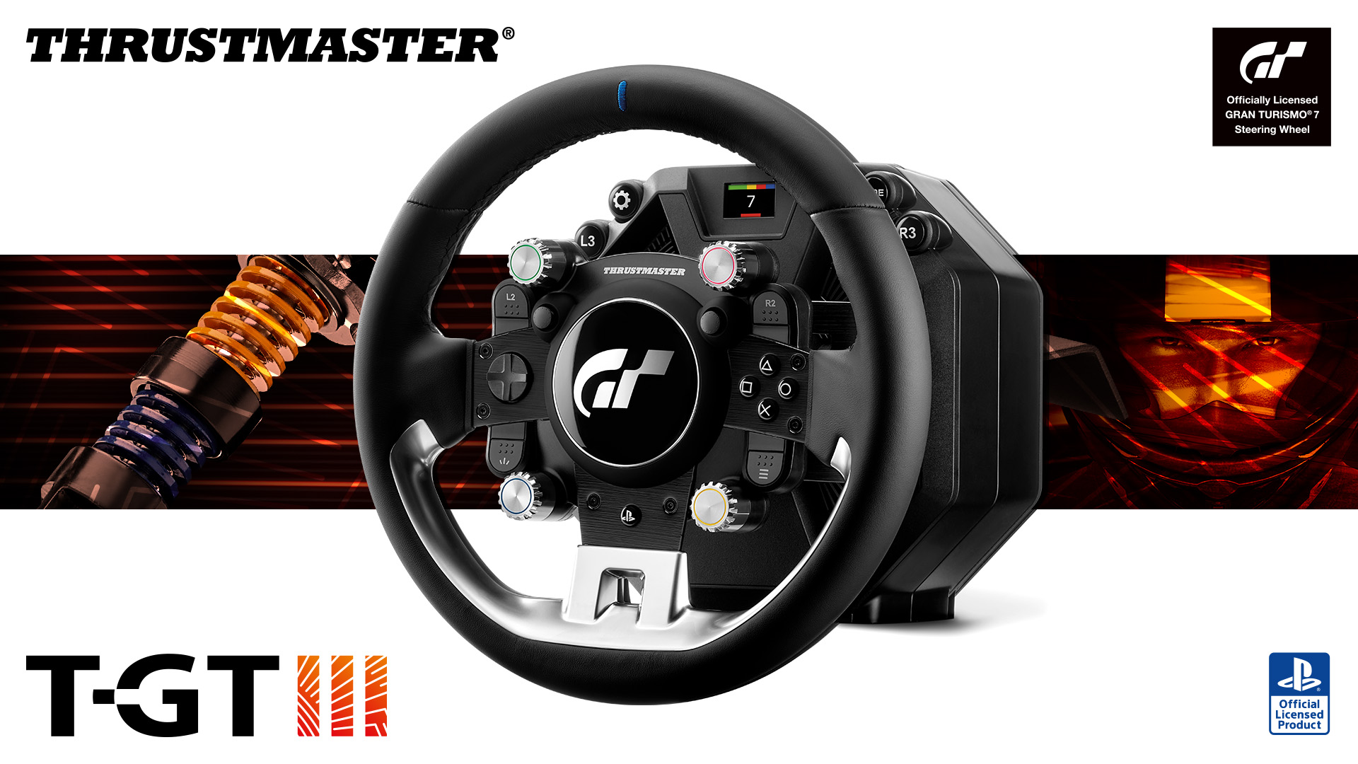 The Thrustmaster T-GT III wheel with the Gran Turismo logo on the hub