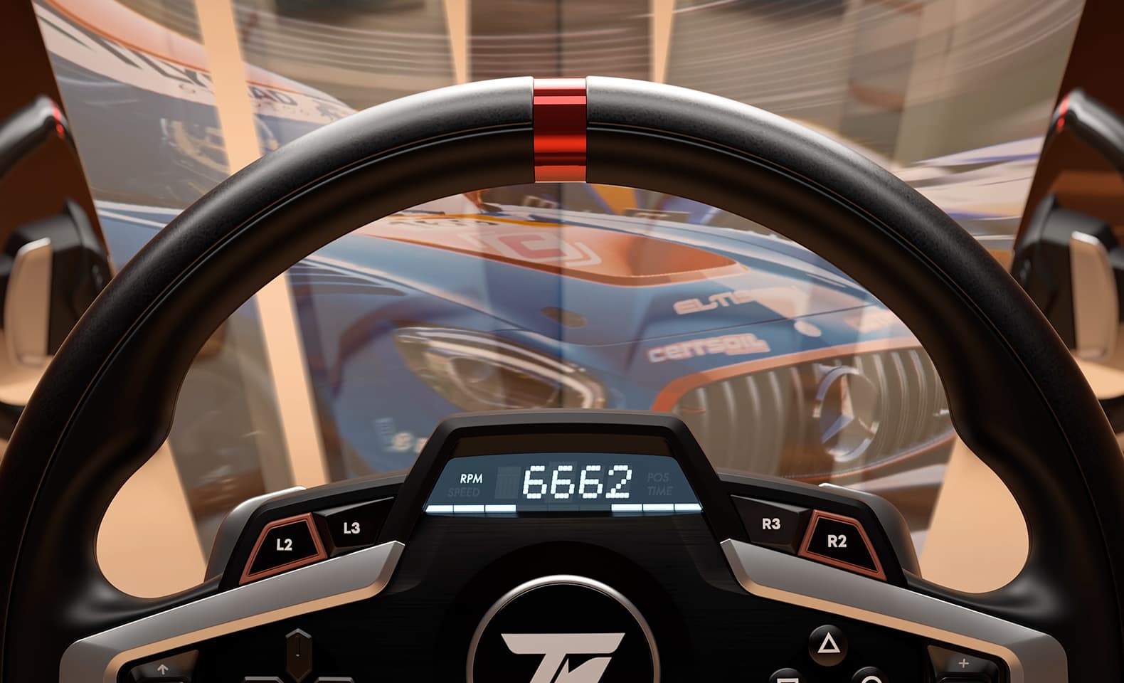 The Thrustmaster T248 rim with its centre display showing engine RPM