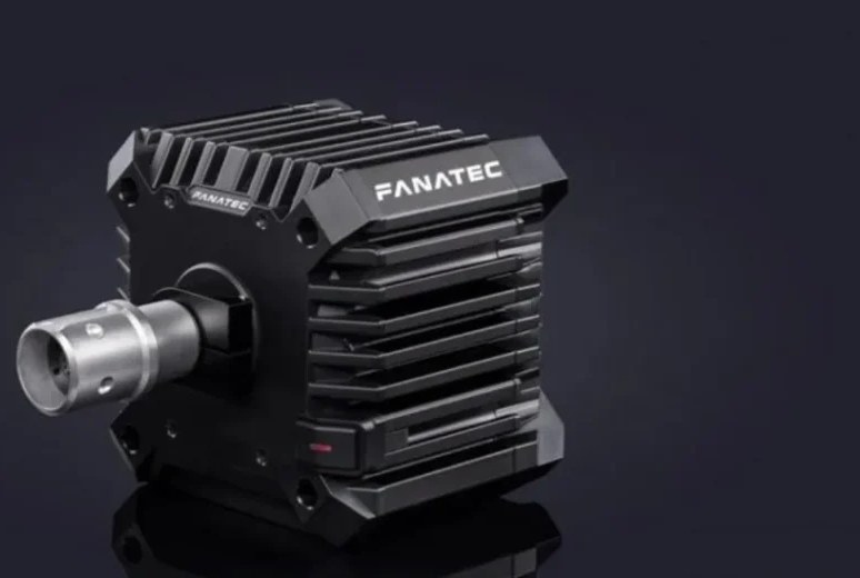 A Fanatec CSL DD direct drive wheel base seen from the front