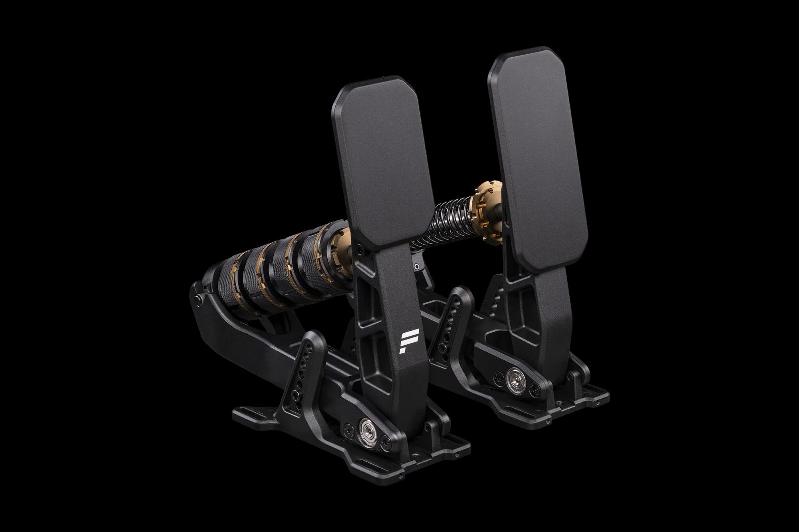 Fanatec Podium Pedals Sport, a black two pedal set with a load cell brake, elastomer stack and gold accents
