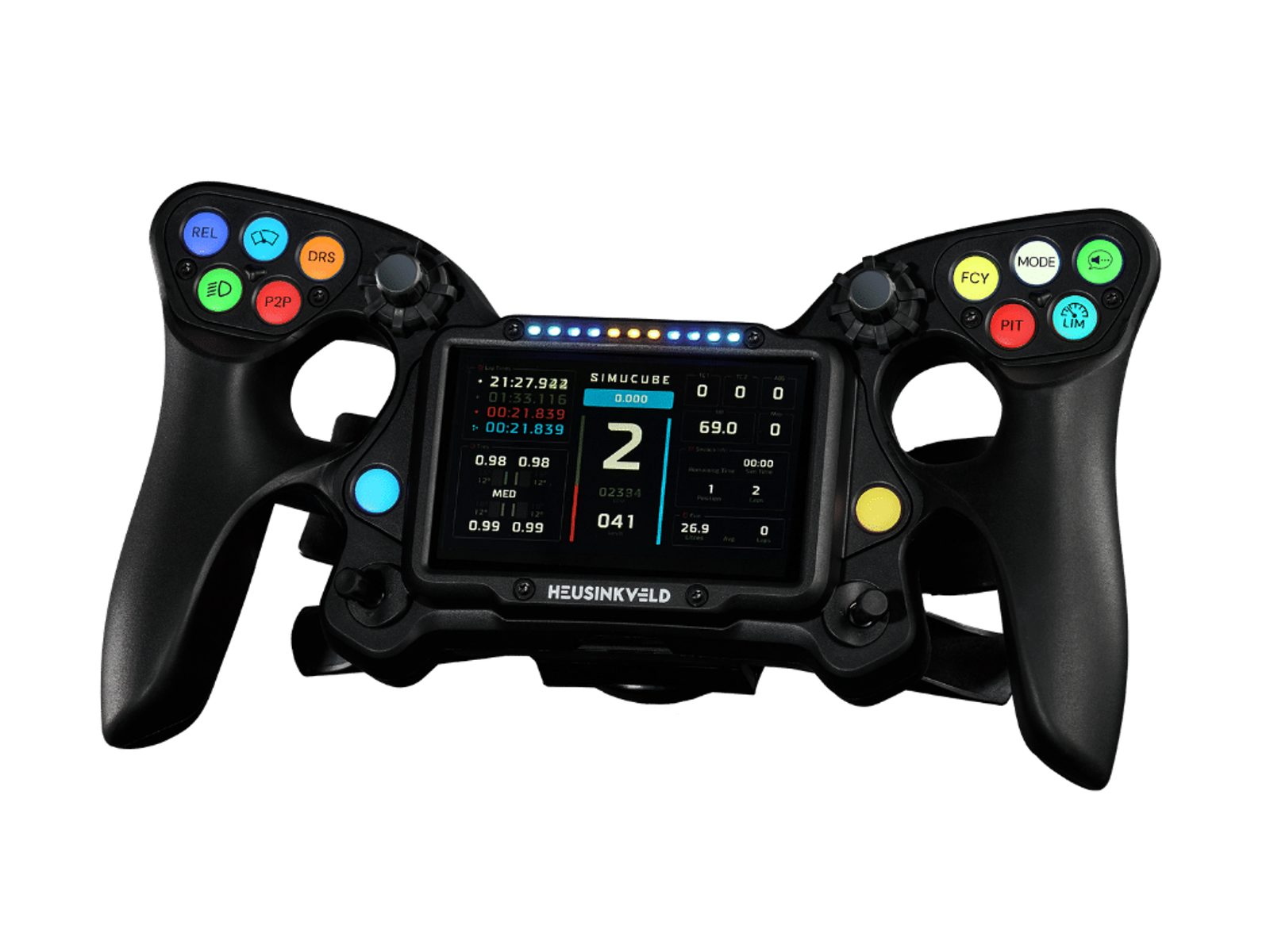 Heusinkveld One SC steering wheel with a 4.3 inch Simucube touchscreen in the centre, an RGB rev light bar above it, colour backlit buttons and two rotaries on each side and long sculpted grips