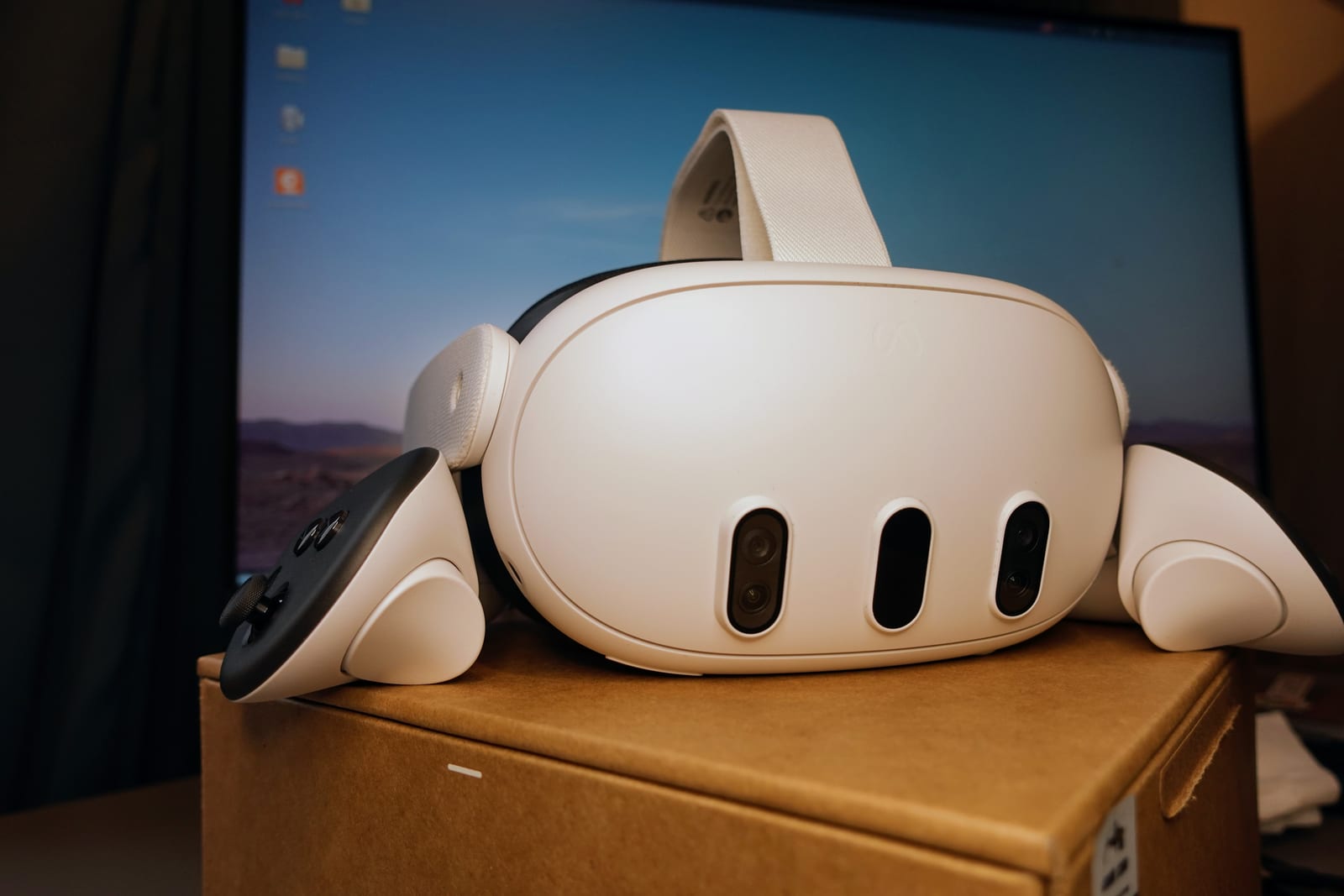 A Meta Quest 3 headset seen from the front