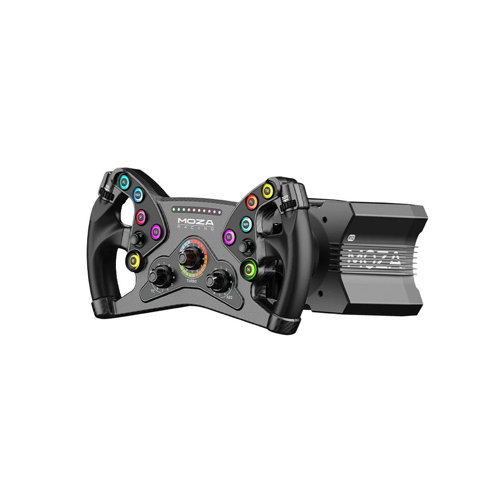 MOZA R12 base with the KS formula style steering wheel fitted, seen from the front