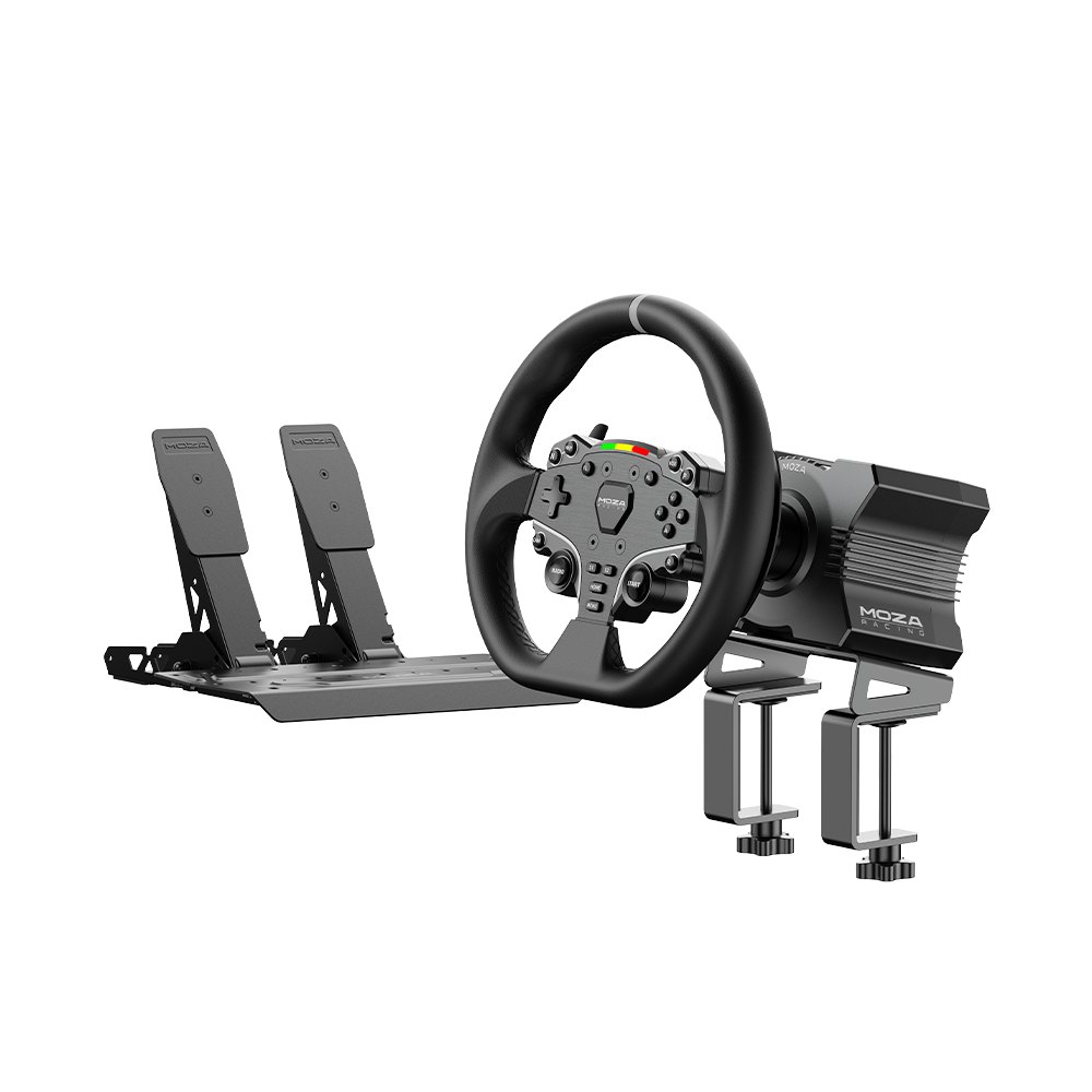 MOZA R5 bundle with the ES steering wheel, the R5 base on its table clamp and the SR-P Lite pedals