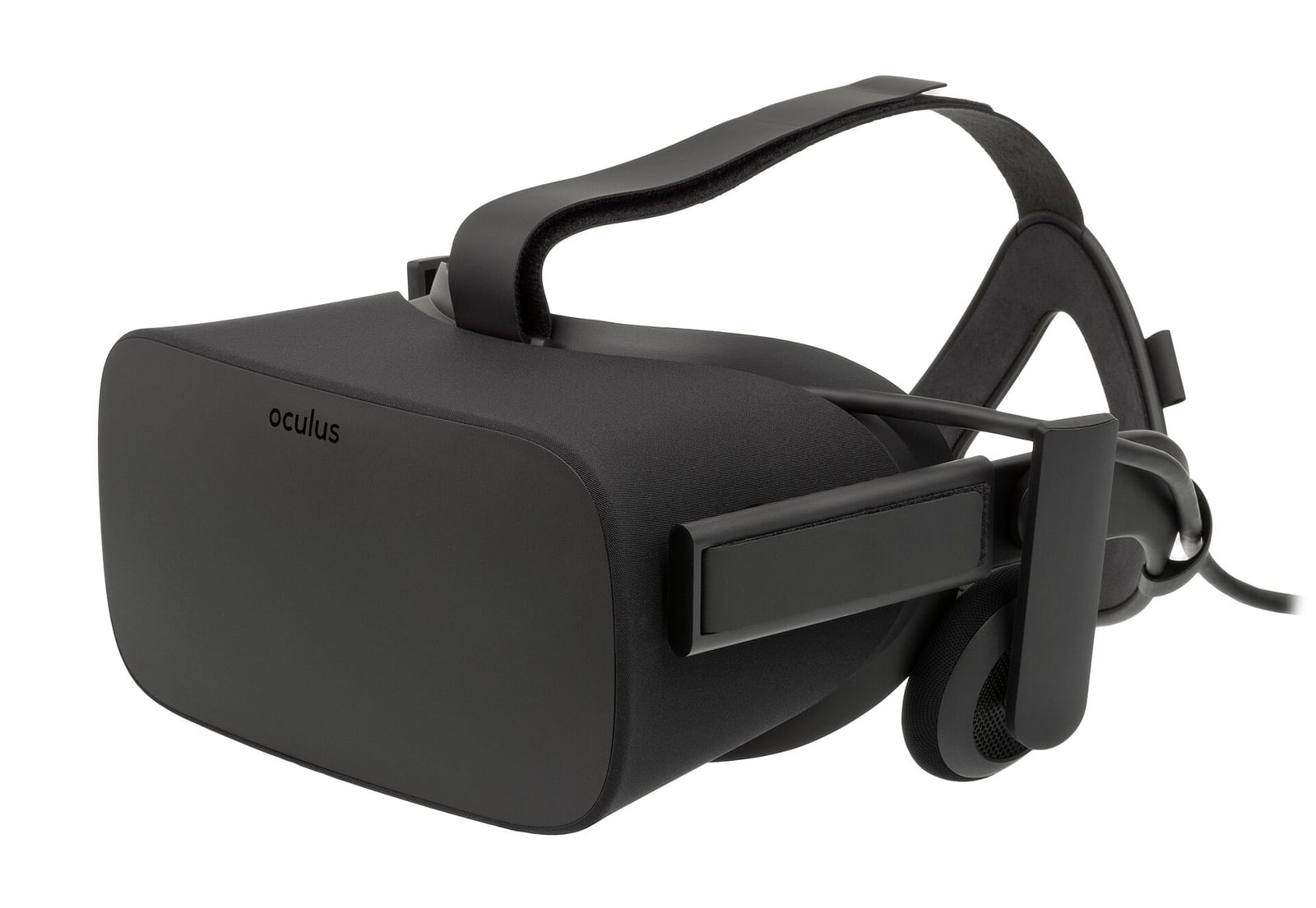 An Oculus Rift CV1 virtual reality headset seen from the front