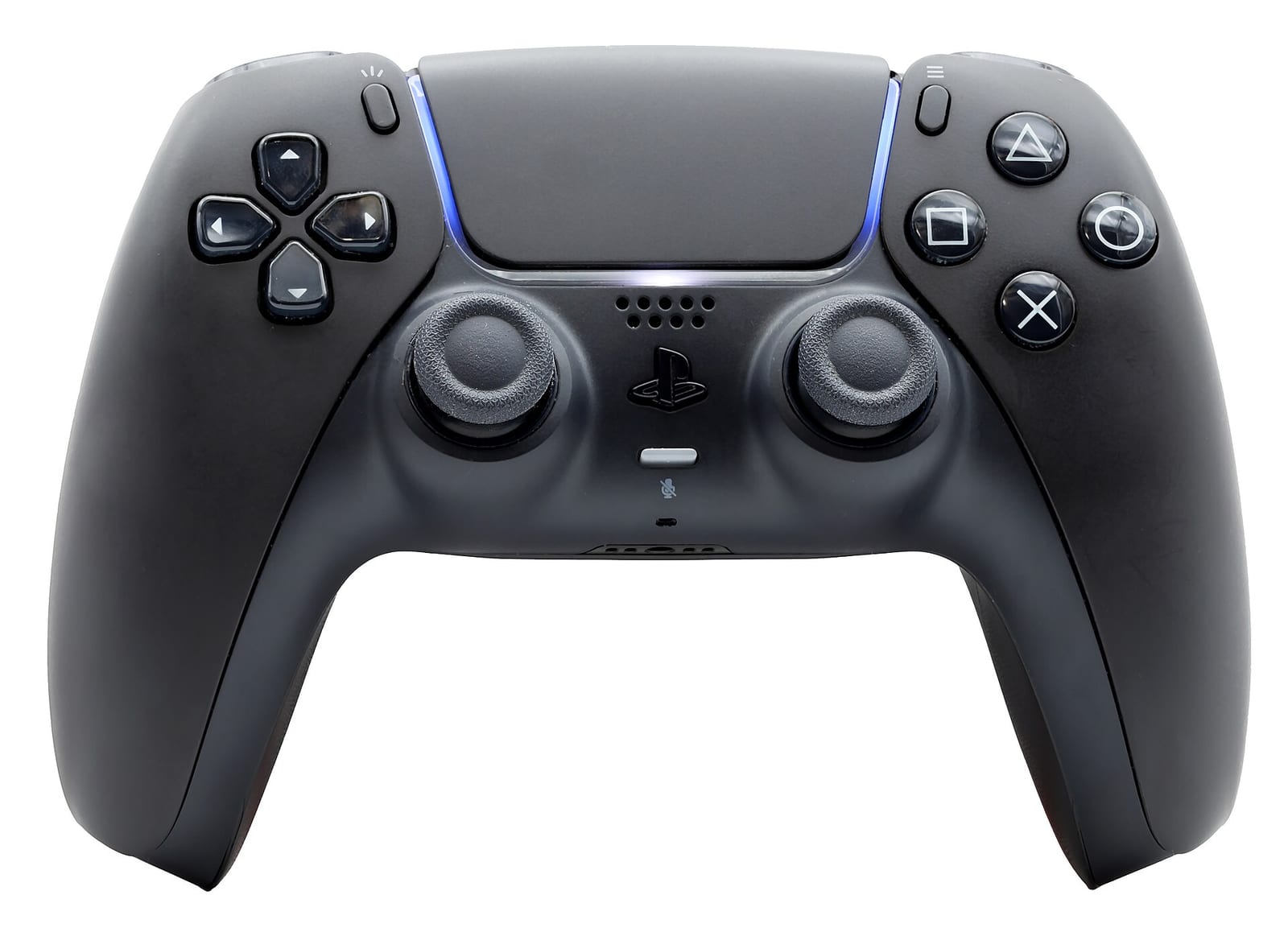 A PS5 DualSense wireless controller in Midnight Black seen from the front