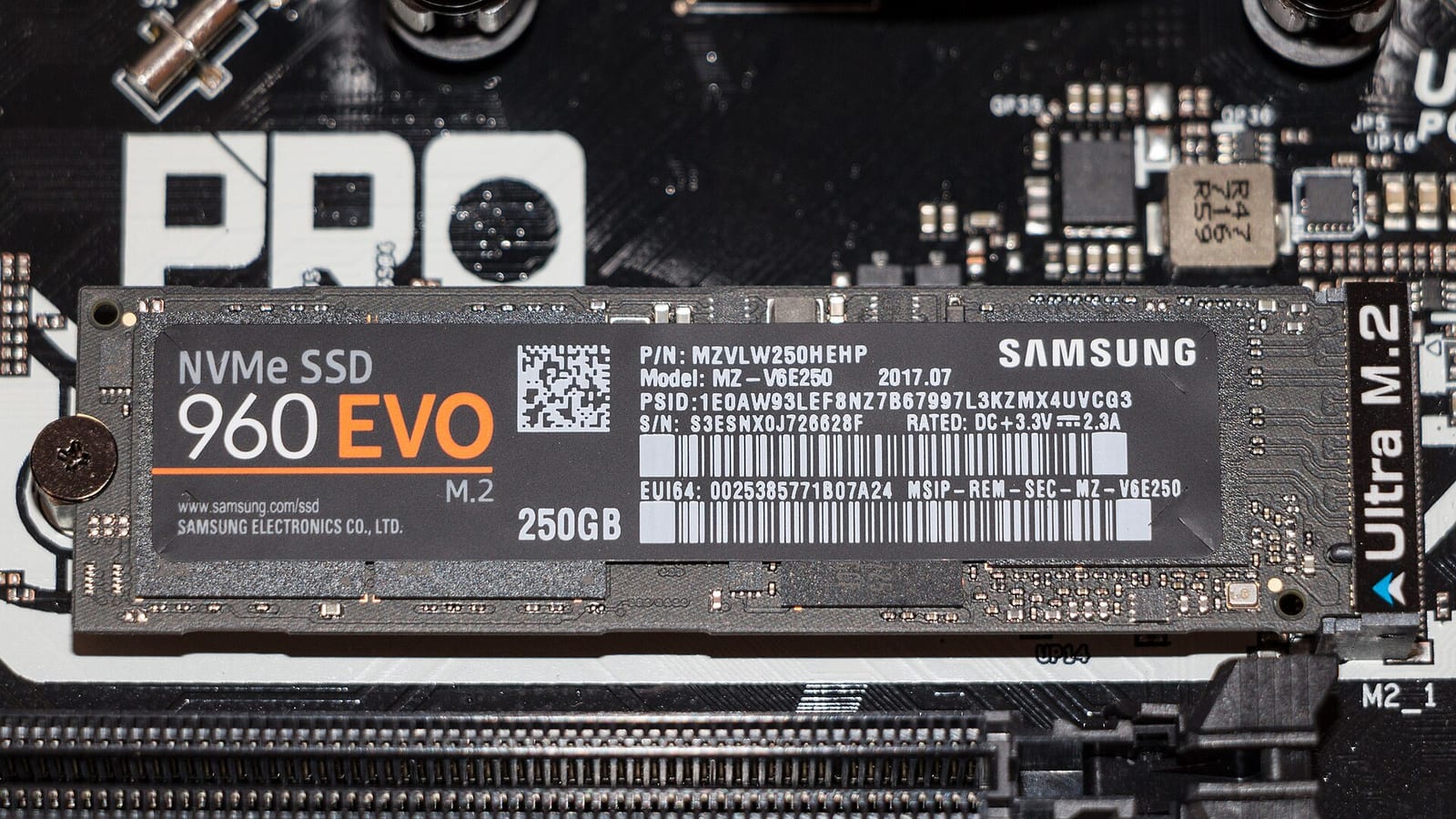A Samsung 960 EVO NVMe drive fitted in the M.2 slot of a motherboard
