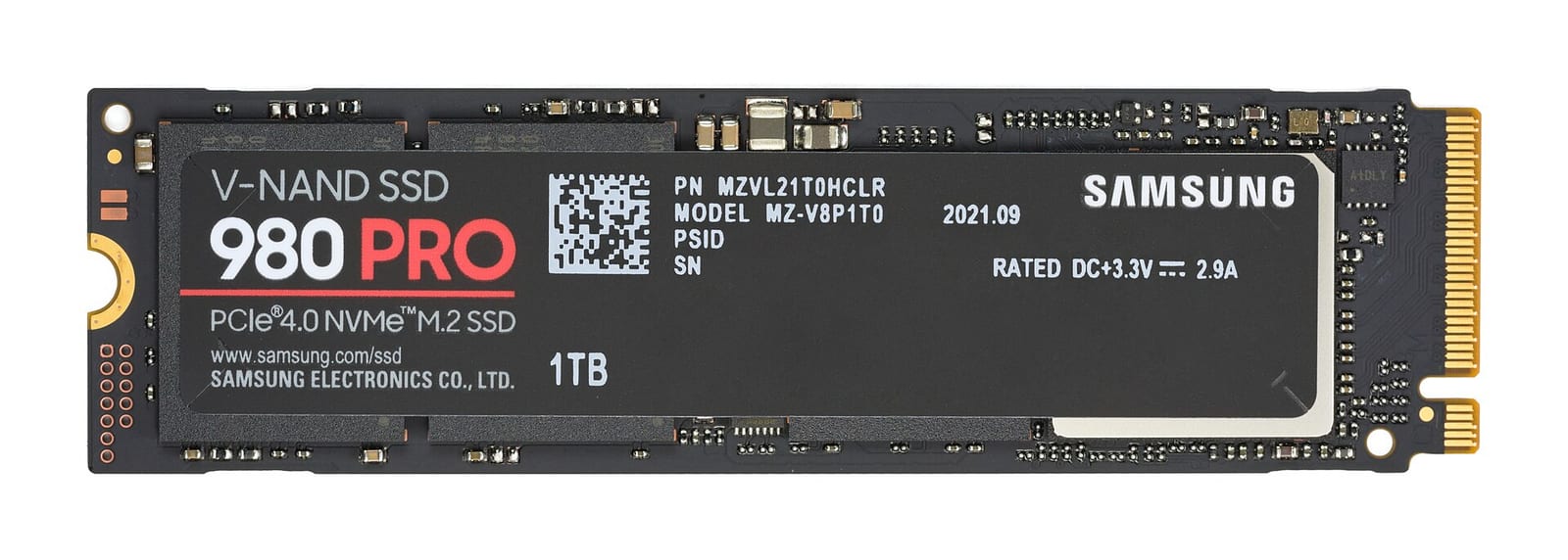 A Samsung 980 Pro 1 TB NVMe M.2 solid state drive seen from above