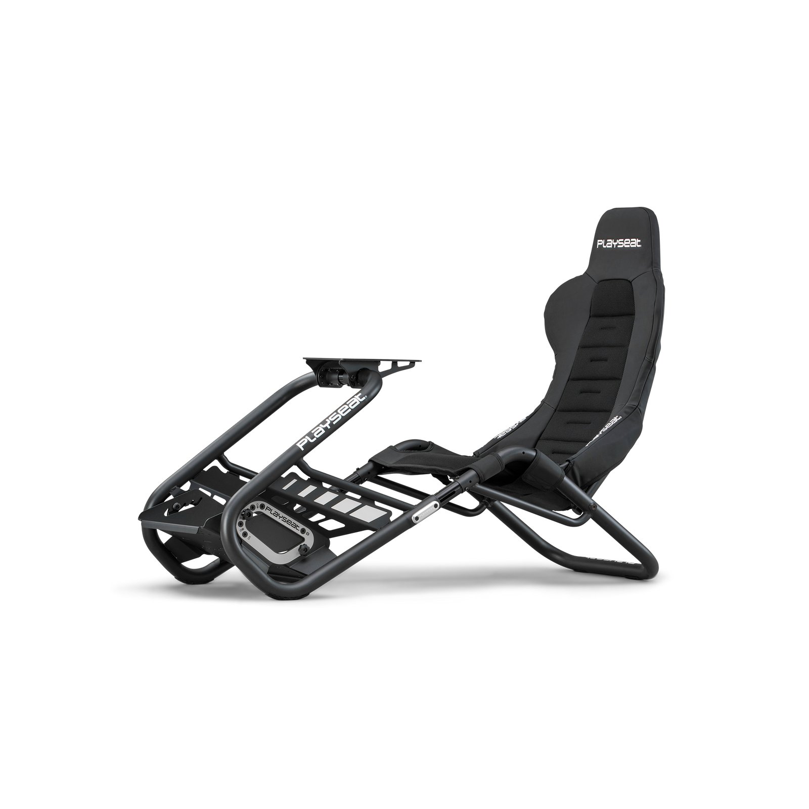 The Playseat Trophy cockpit in black, with a seat, wheel deck and pedal plate on a steel frame