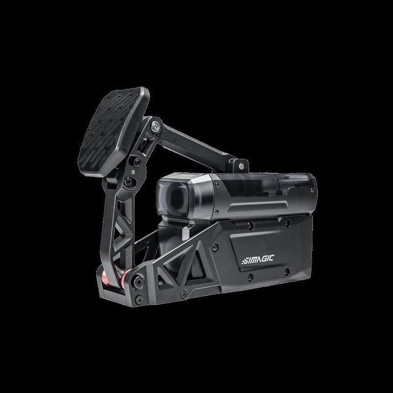 Simagic P-ACTIVE active pedal seen from the side, with the servo housing behind the pedal arm
