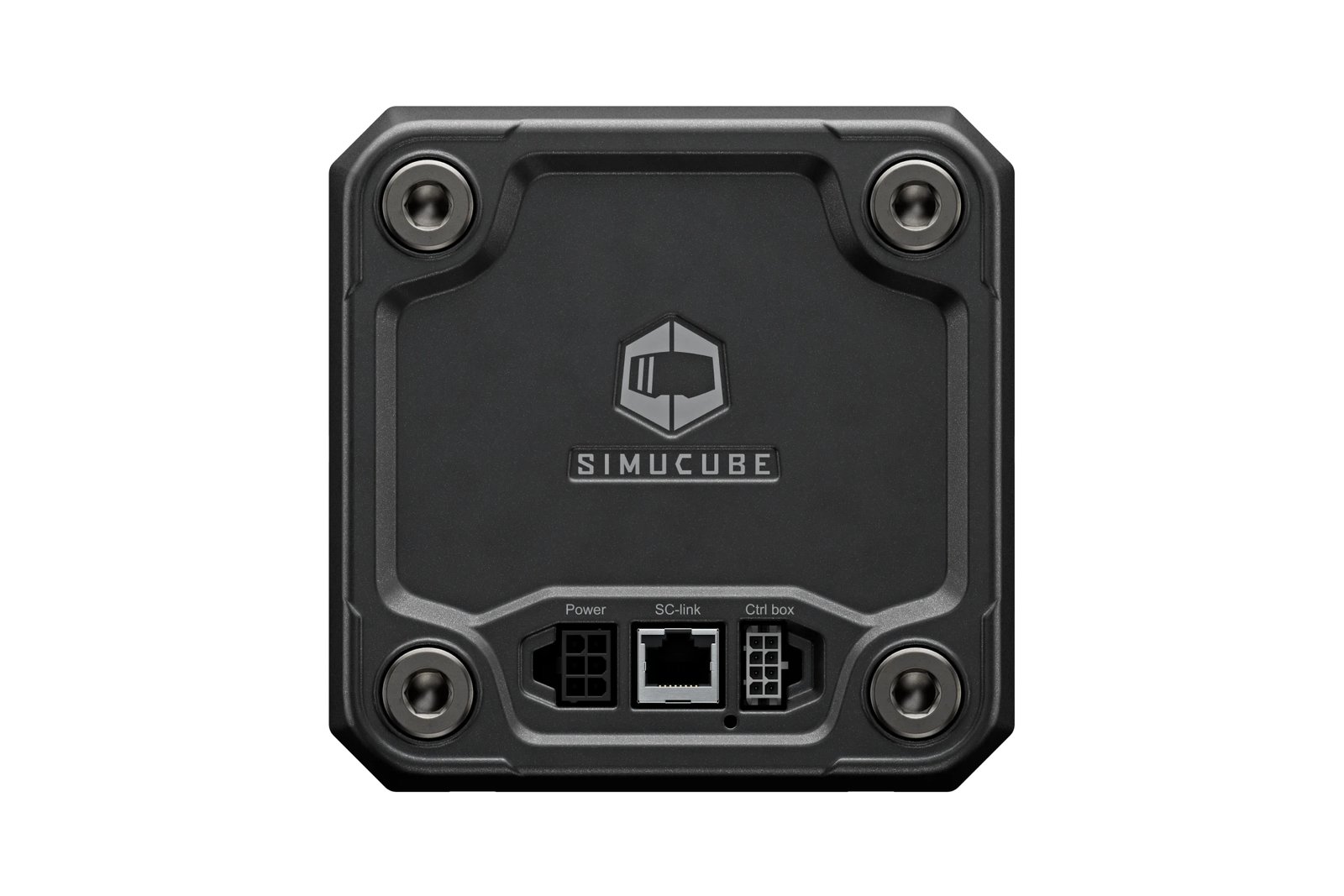 The back of a Simucube 3 base with the power, SC-link Ethernet and Control Box sockets
