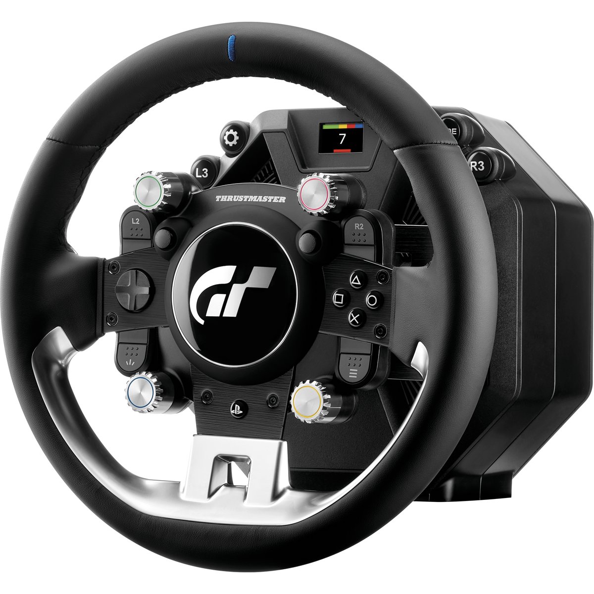 The Thrustmaster T-GT III wheel and direct drive base on a white background