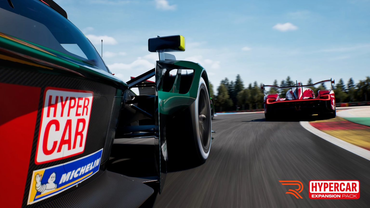 A green Aston Martin Valkyrie AMR-LMH following a red Toyota TR010 Hybrid in RENNSPORT